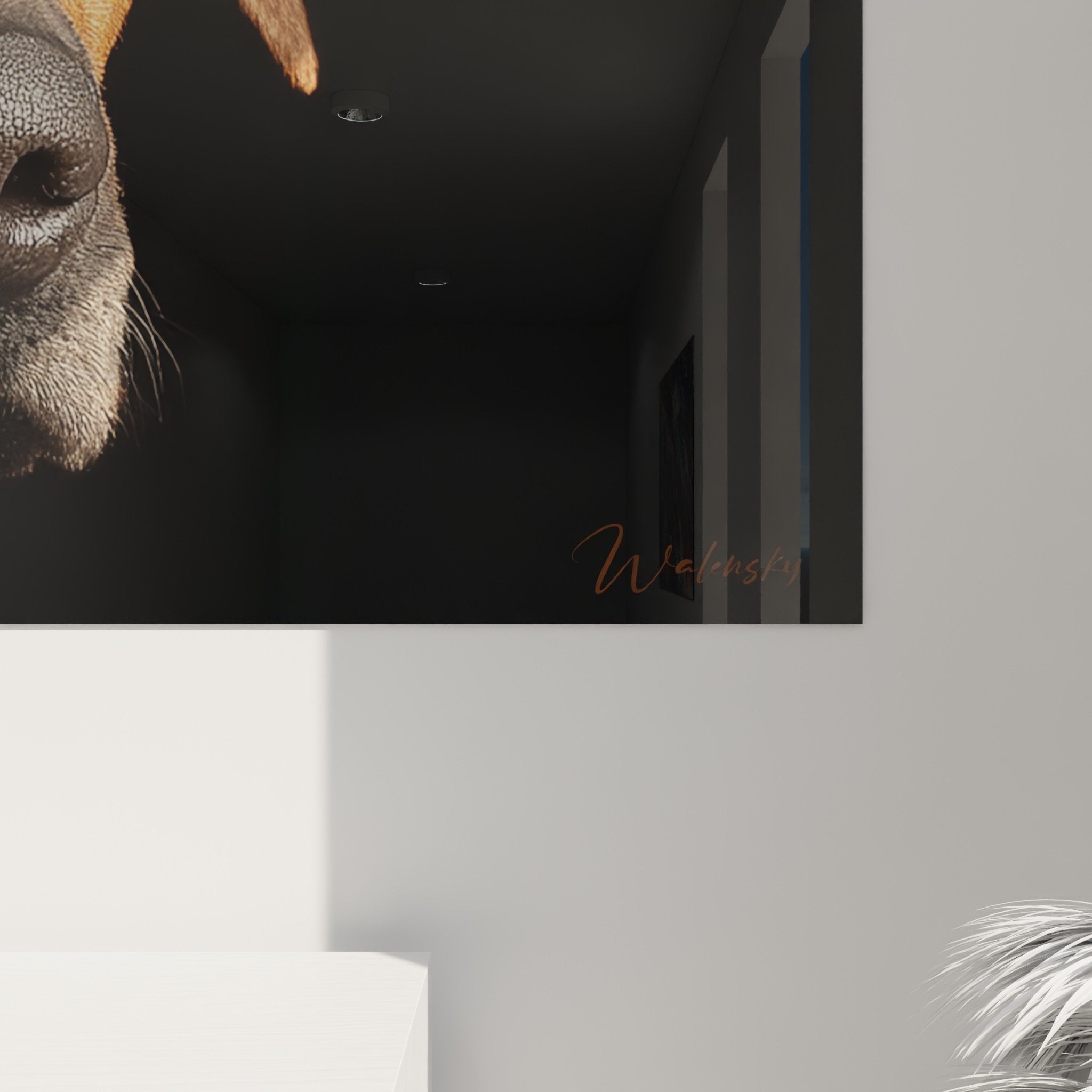 Vue d'ensemble tableau mural portrait Rhodesian Ridgeback, format horizontal sur mur blanc salon contemporain
