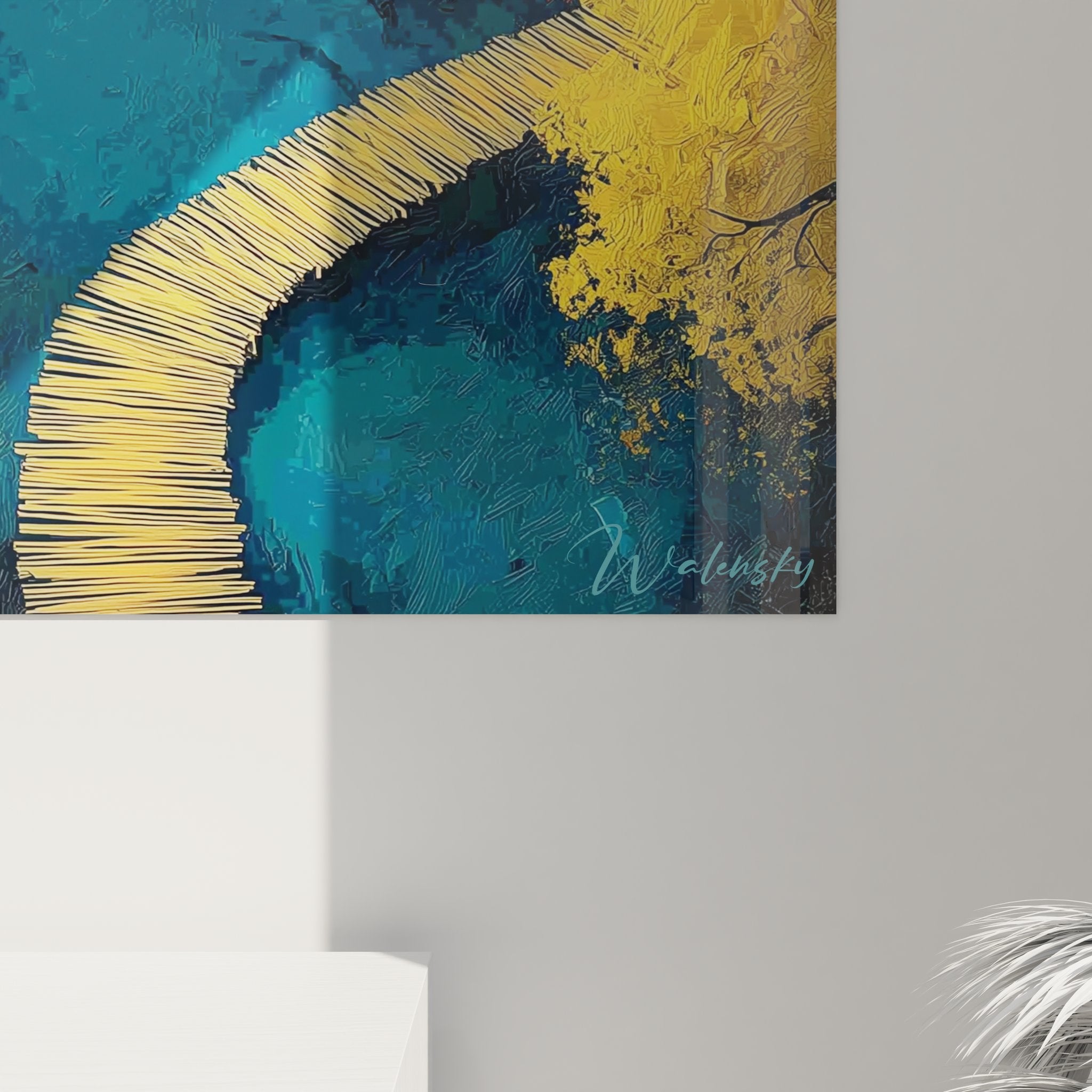 Vue ensemble tableau mural rivière canyon abstrait décoration contemporaine turquoise