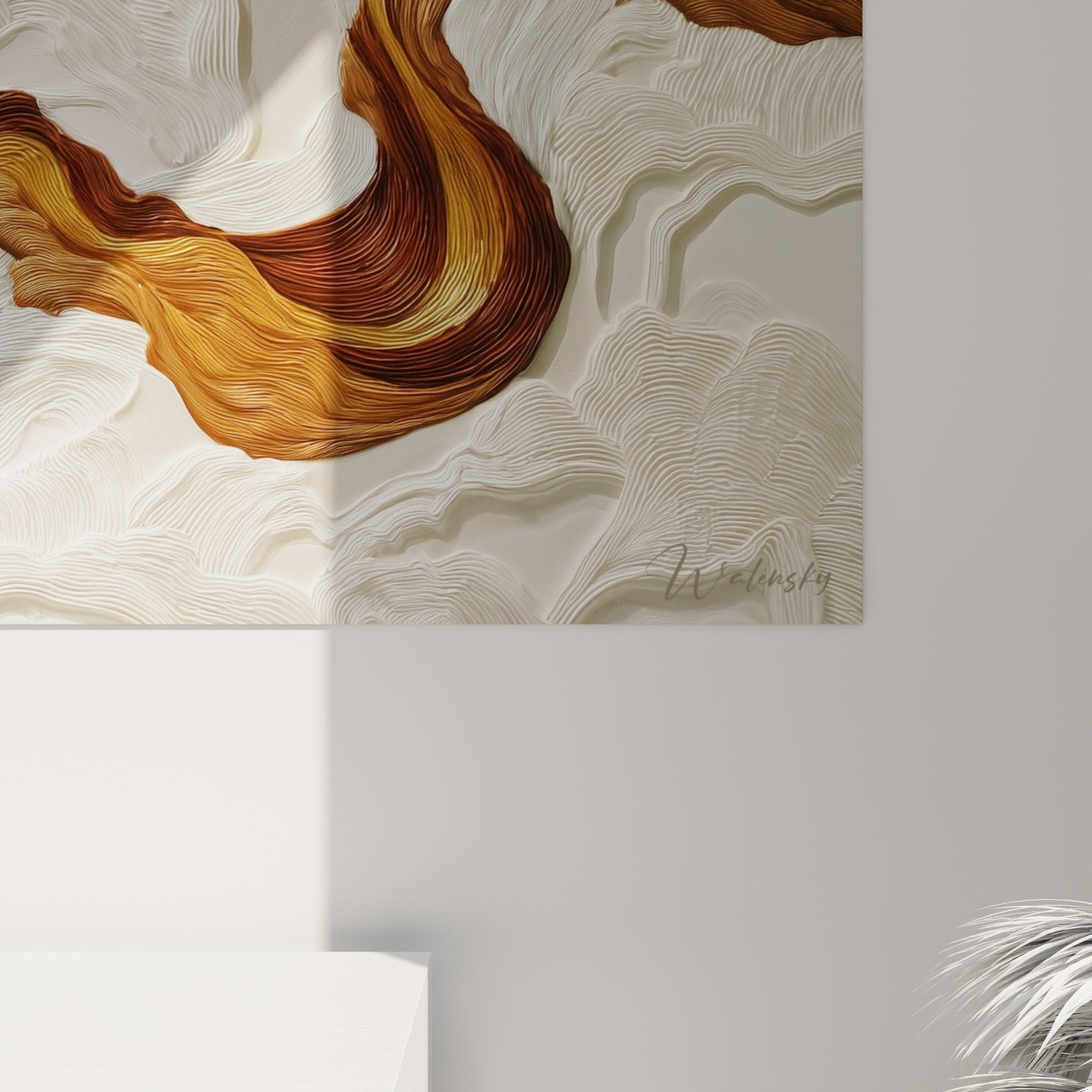 Vue d'ensemble tableau rivière dorée - composition abstraite tons chauds blanc gris décoration intérieur moderne