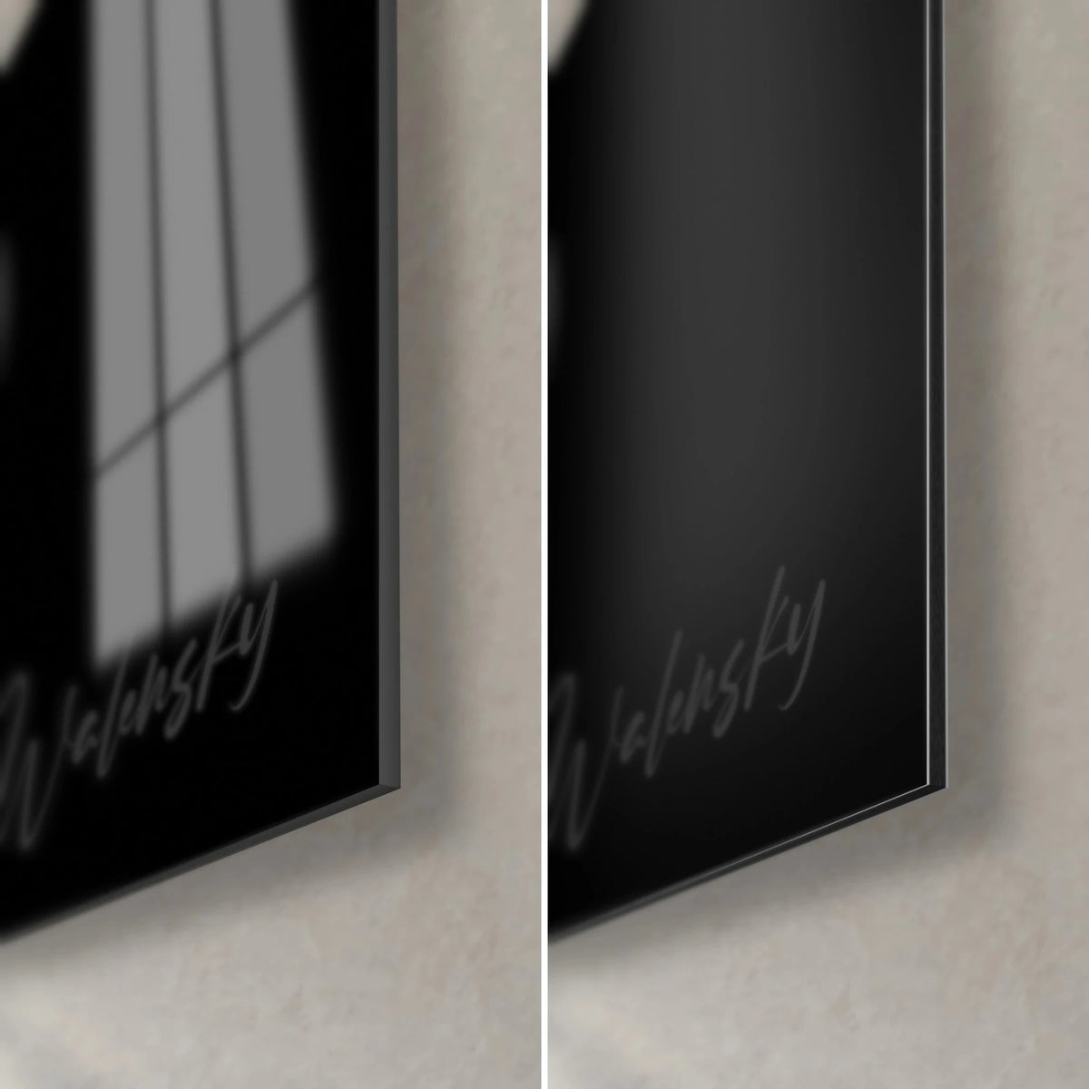 Tableau rose en noir et blanc, coin bas droit: verre acrylique brillant reflétant la fenêtre, Dibond mat gris, tranche noire de 3 mm