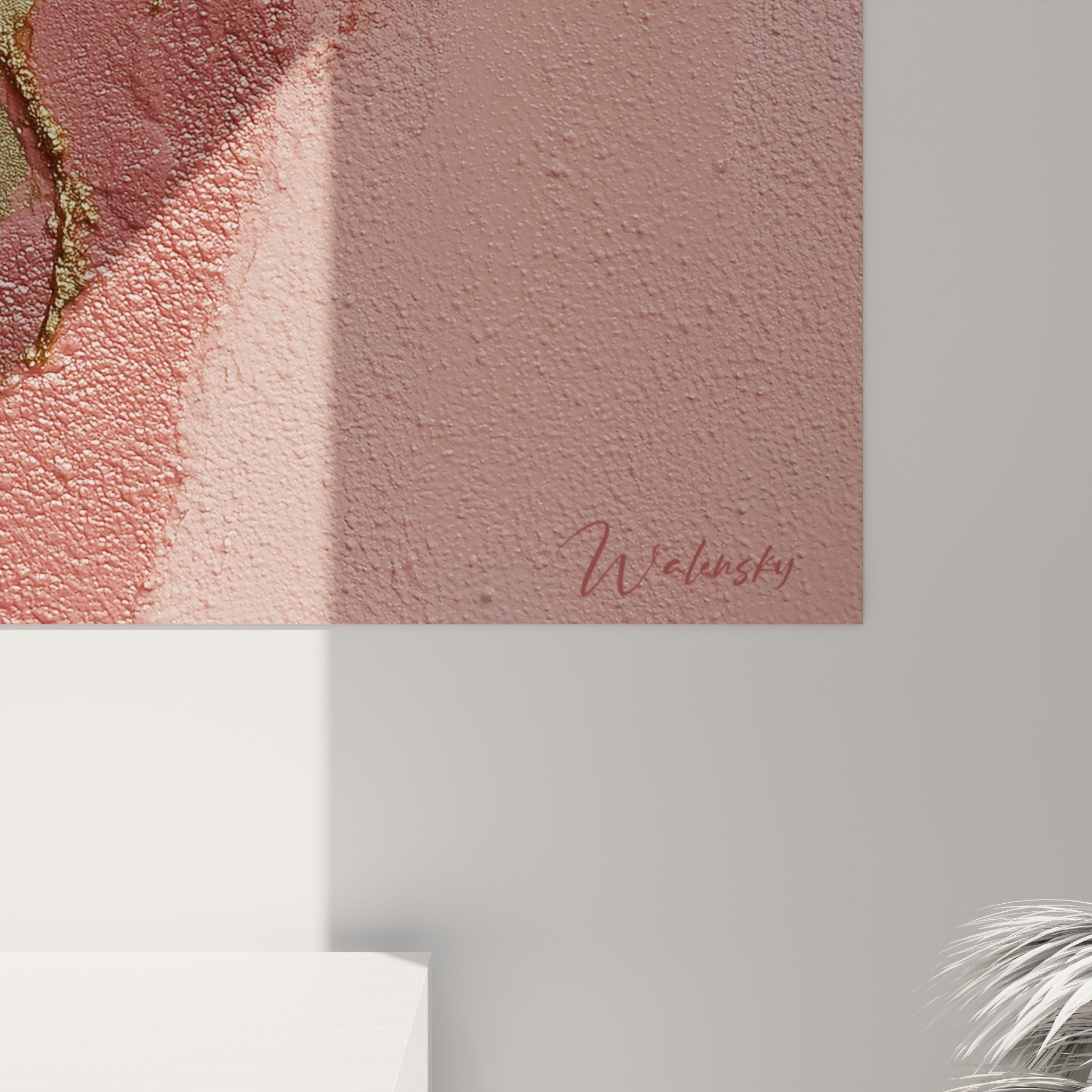 Vue ensemble tableau abstrait rose doré blanc décoration murale feng shui