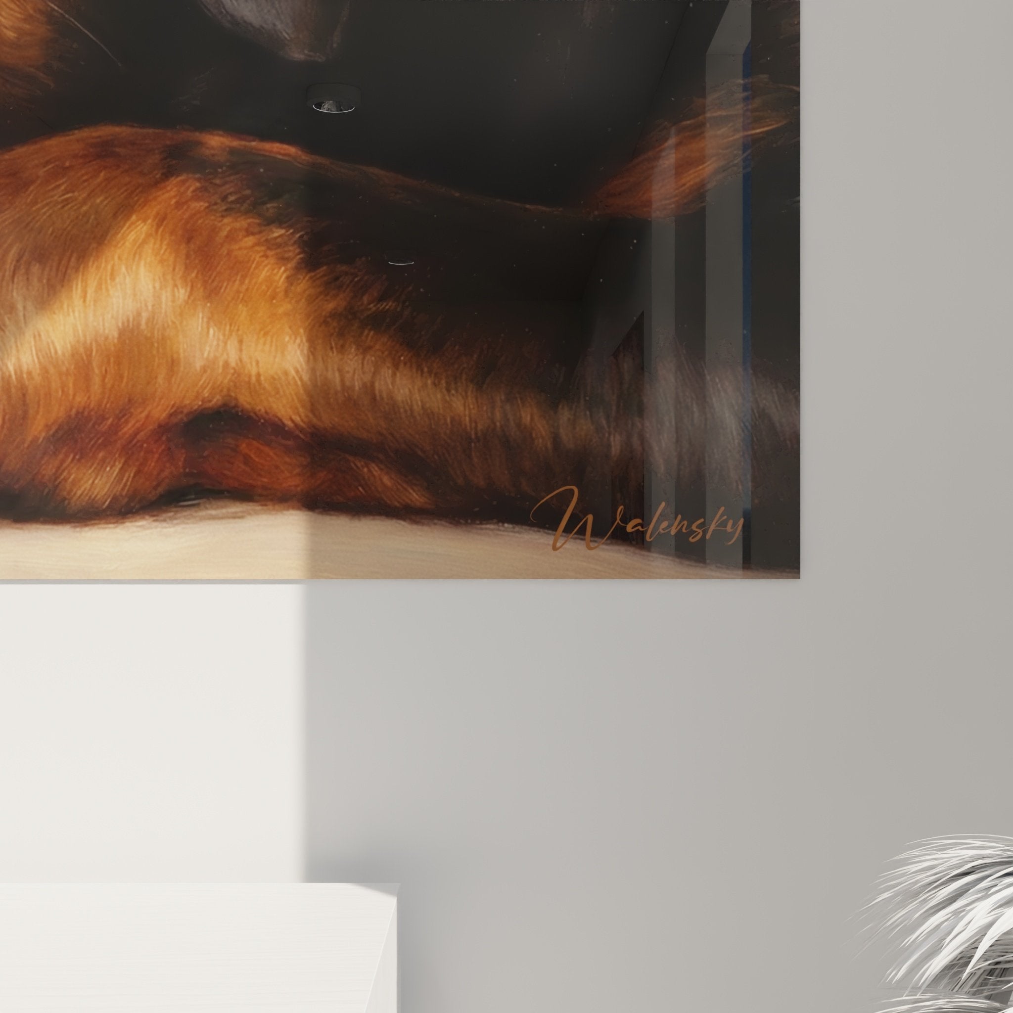 Vue d'ensemble tableau Rottweiler mélancolique, cadre élégant, palette tons chauds, décoration murale authentique