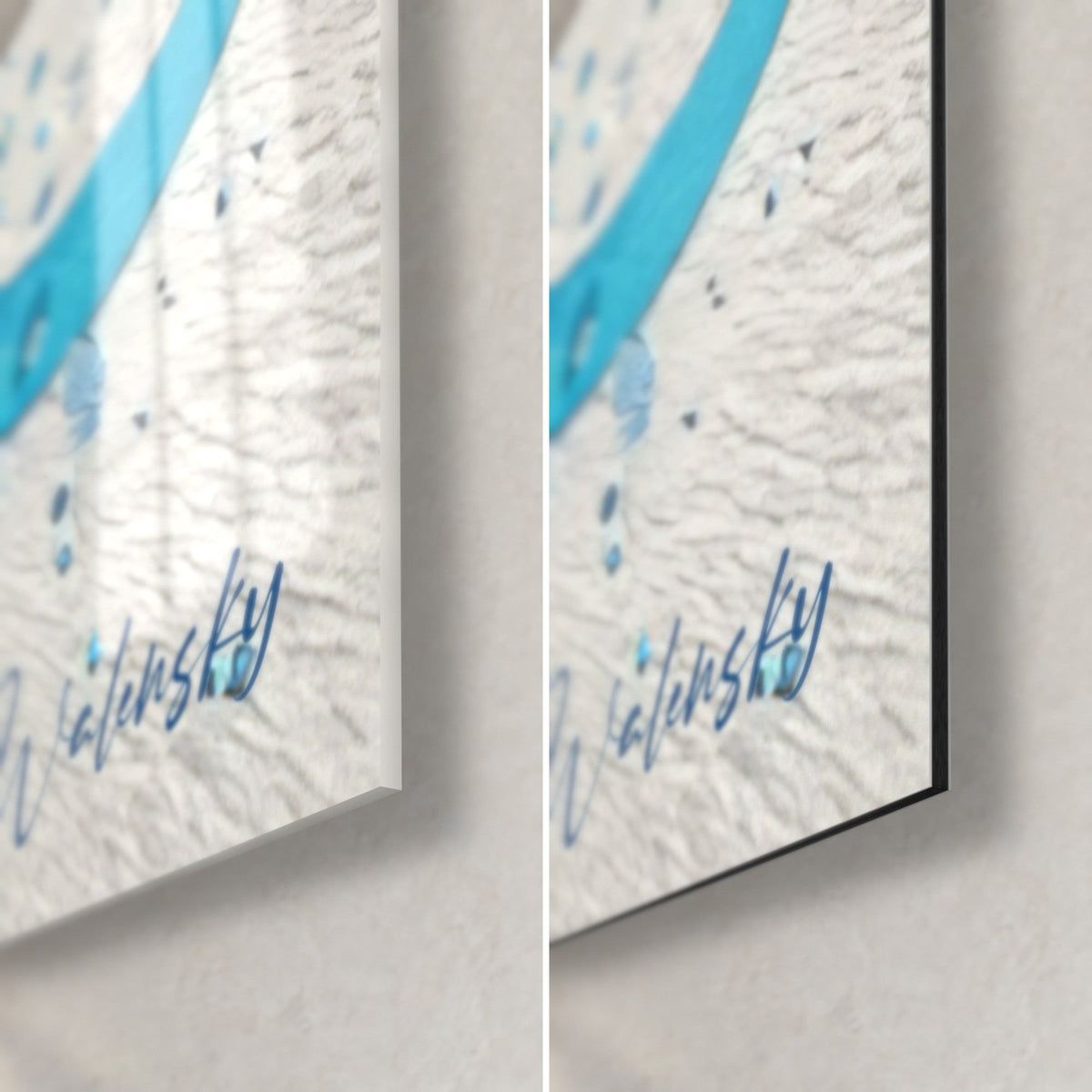 Tableau ruban azur et bleu nuit, coin bas droit : verre brillant à gauche, Dibond mat à droite, signature Walensky, tranche de 3 mm