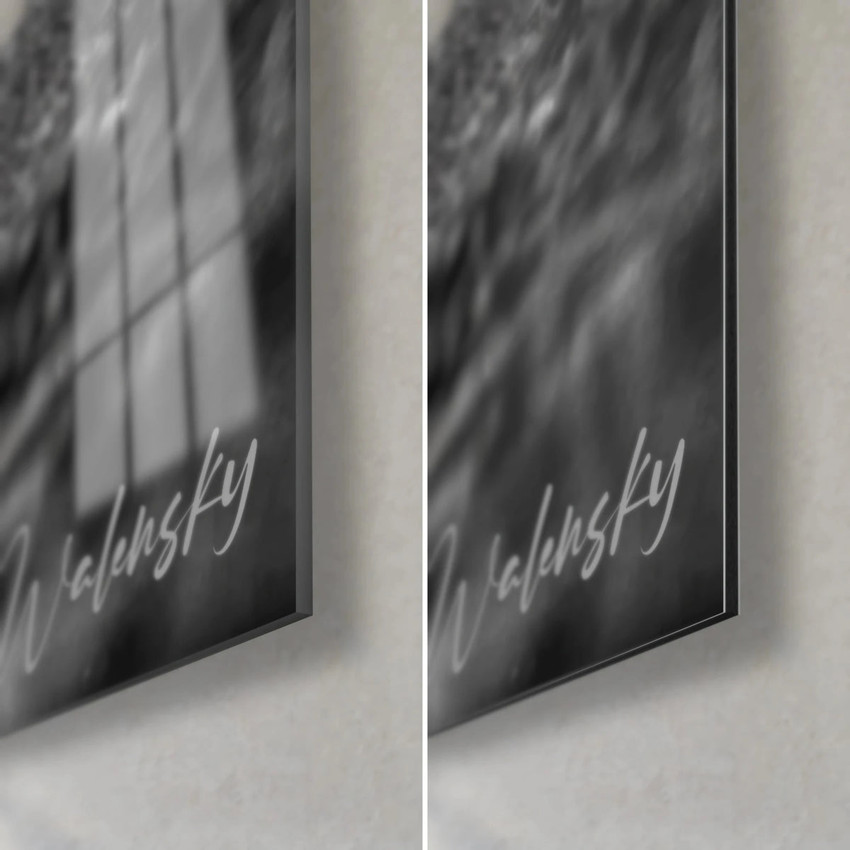 Wall art of a muddy rugby ball, bottom right corner, glossy acrylic glass on the left, matte black and grey Dibond aluminium on the right, 3 mm edge visible