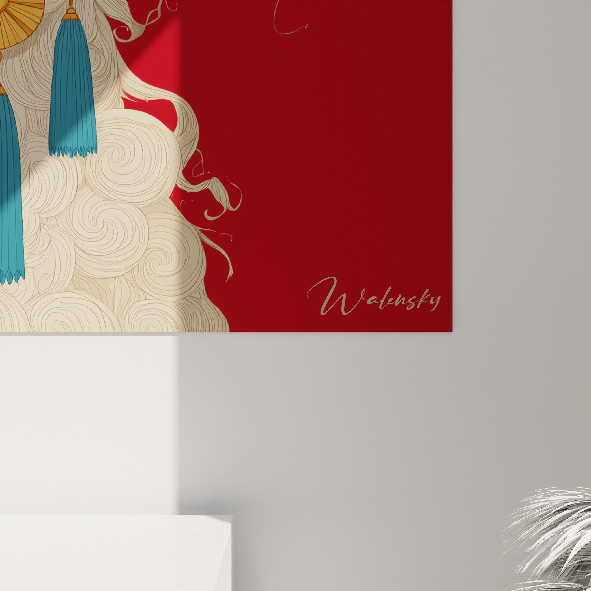 Vue d'ensemble tableau Saluki noble sur mur blanc, intérieur contemporain avec mobilier élégant