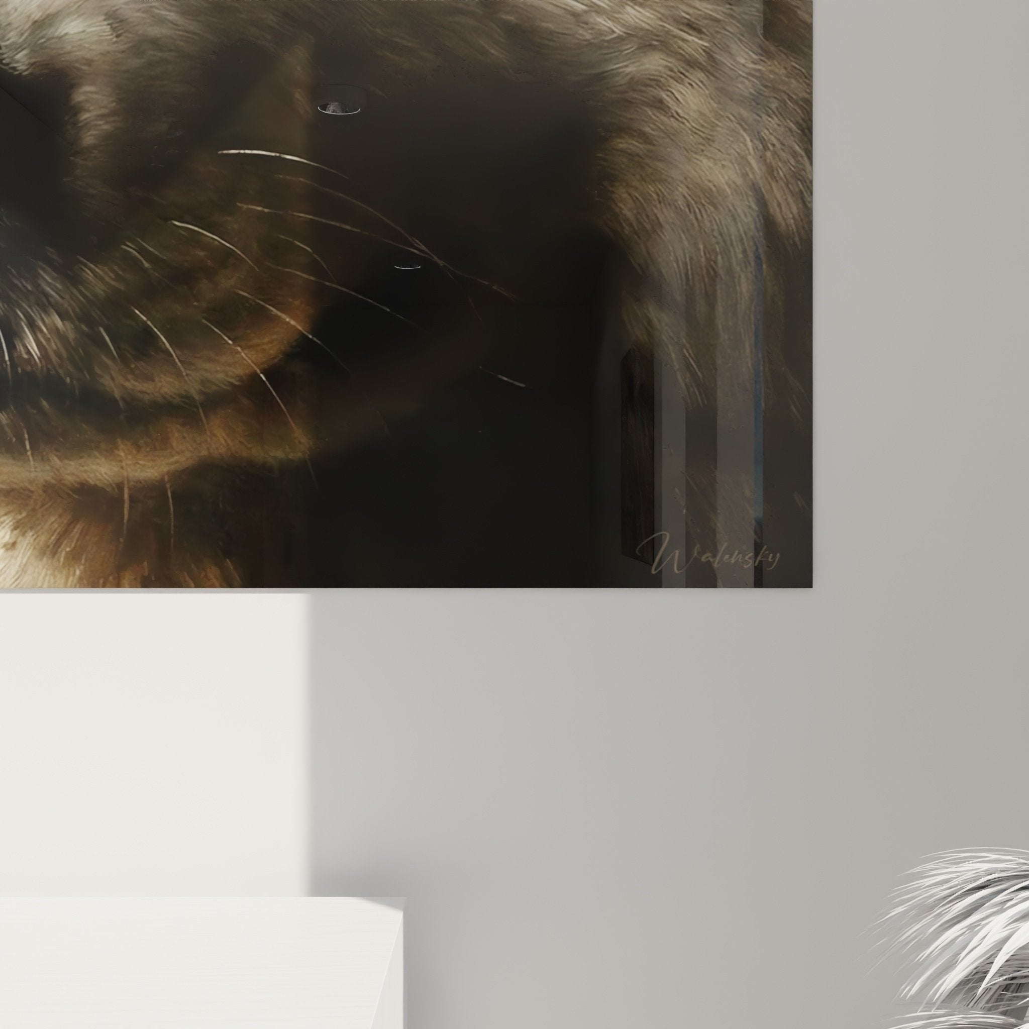 Vue d'ensemble tableau portrait Samoyède, œuvre murale animalière, tons beige crème harmonieux