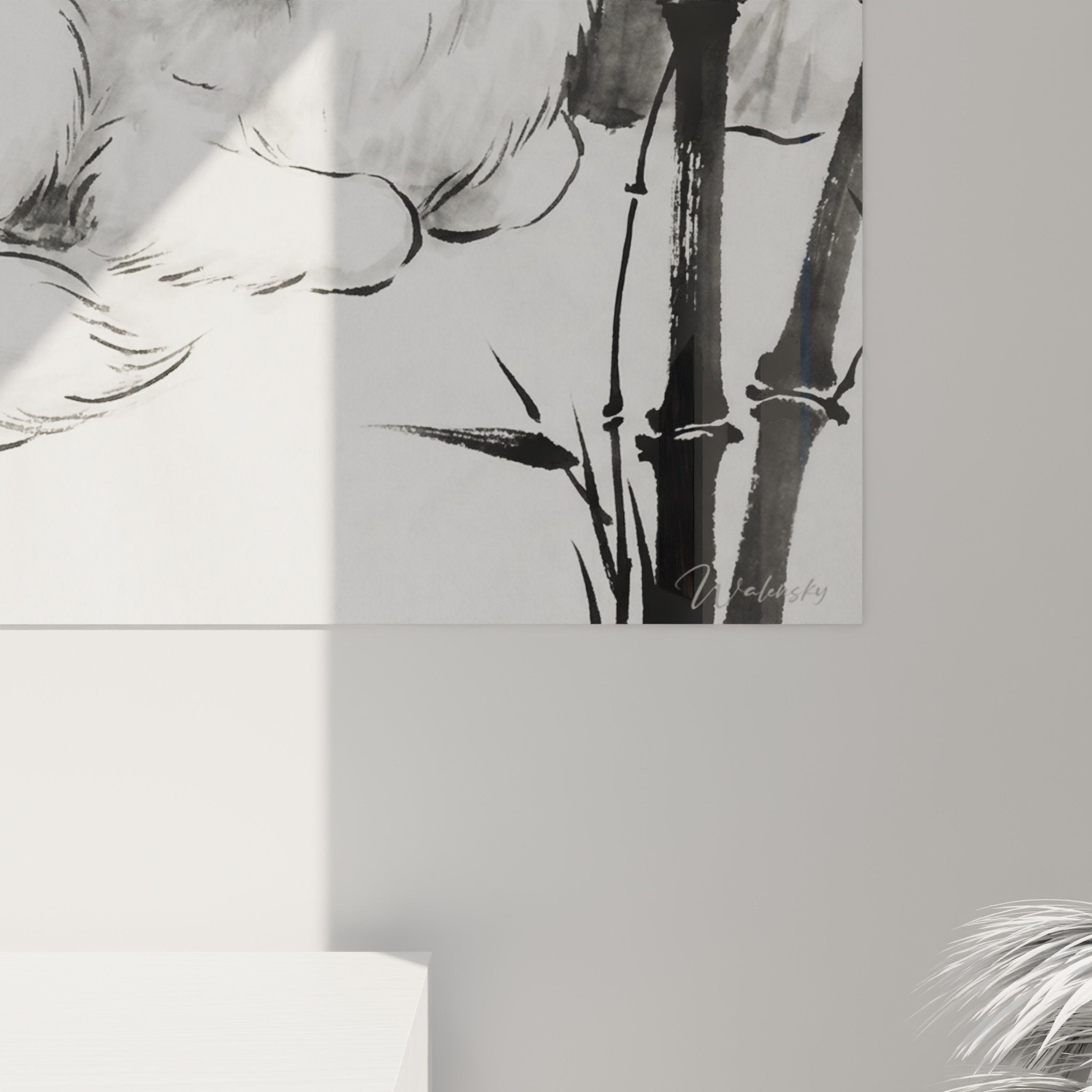 Vue d'ensemble tableau mural Samoyede zen bambous, intégration déco moderne, palette monochrome élégante