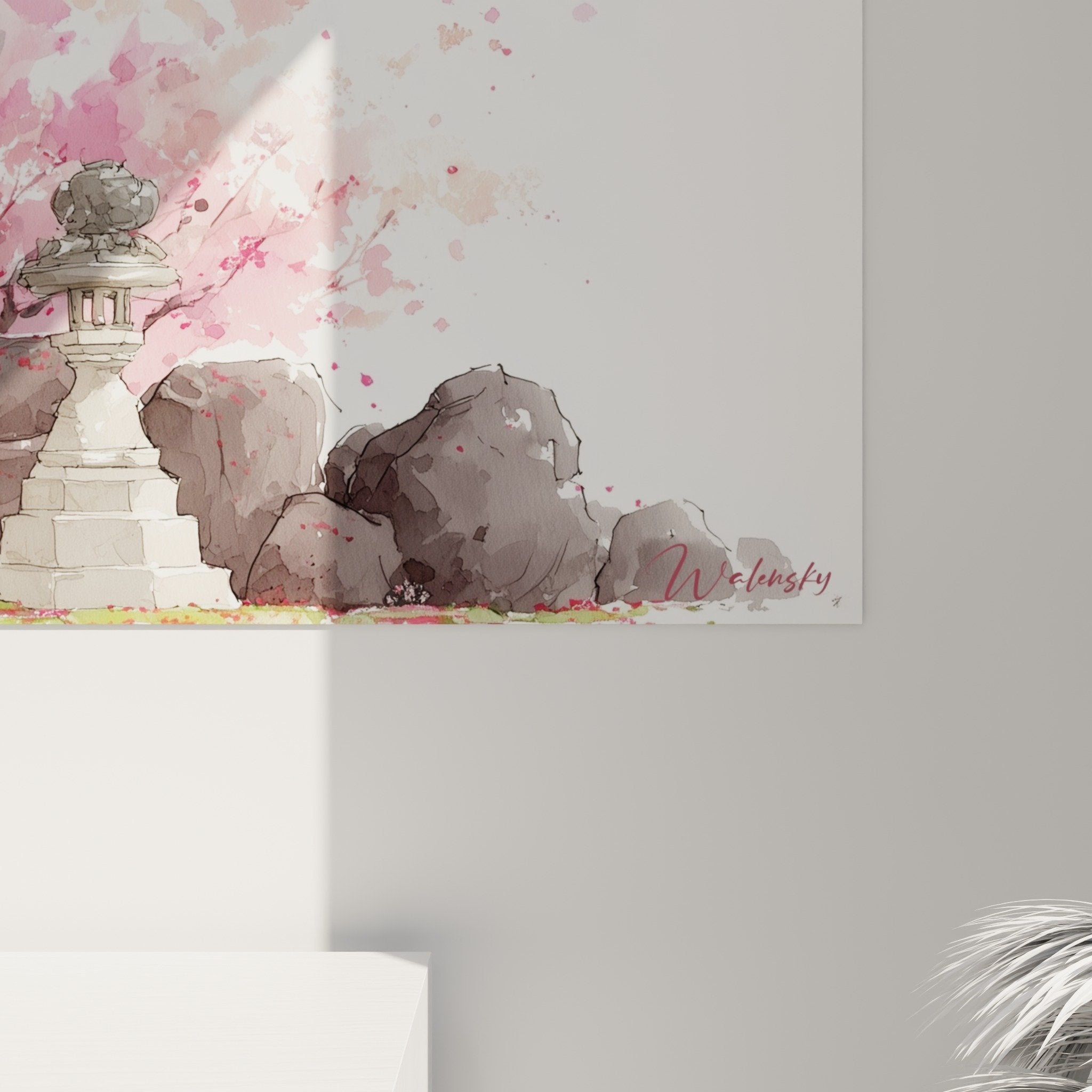Japanese torii gate pink artwork, watercolor sanctuary shrine in zen living room decor