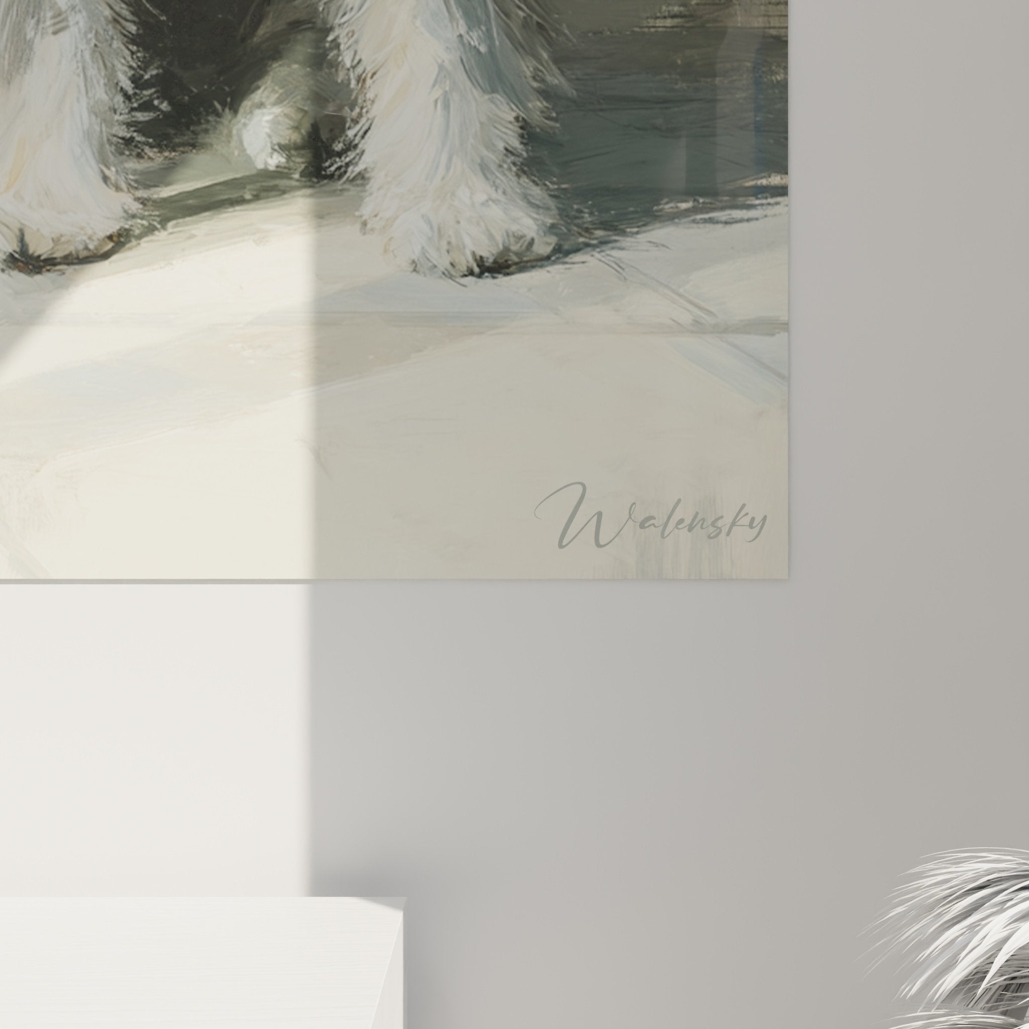 Vue d'ensemble tableau Schnauzer, fond abstrait gris perle, composition équilibrée, style contemporain