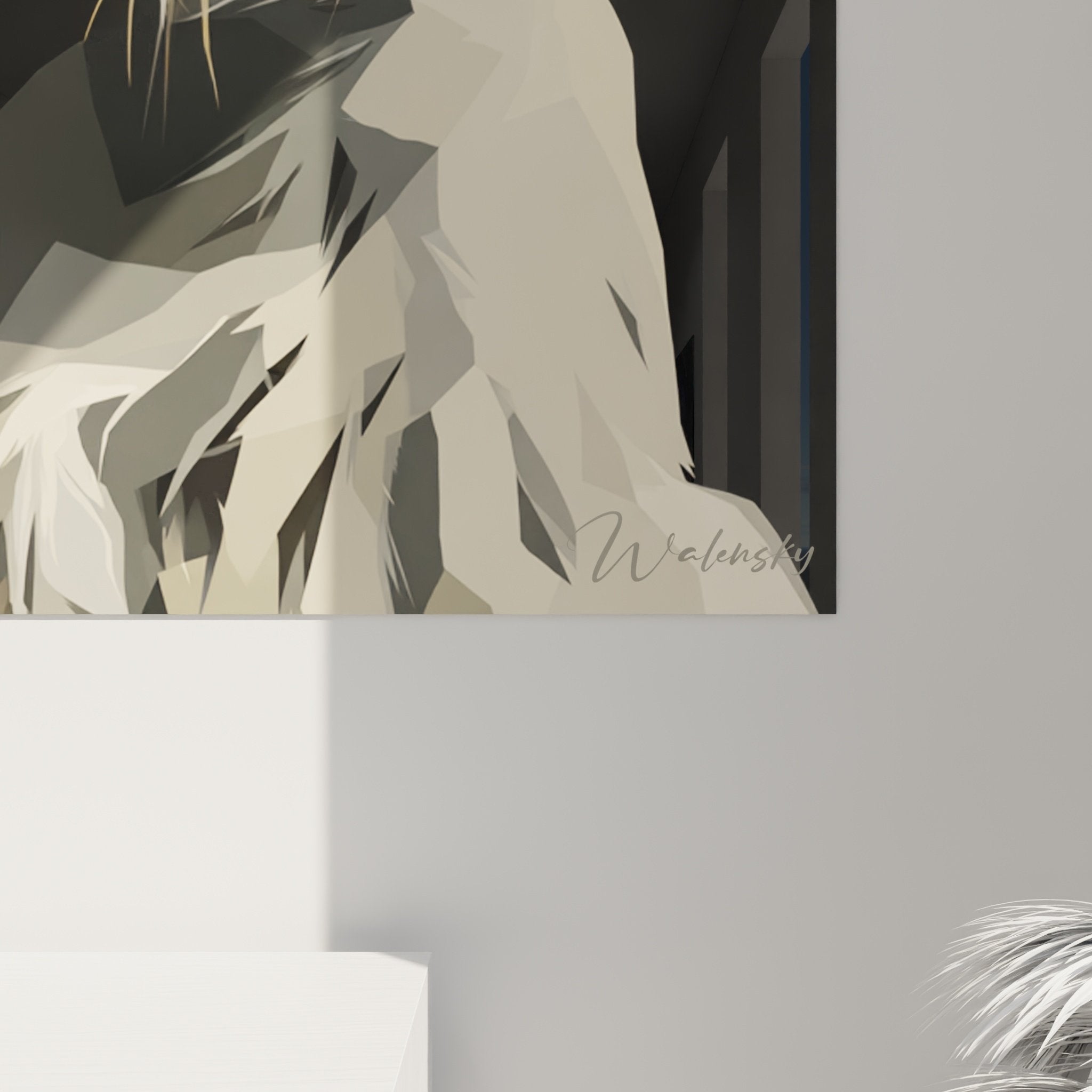 Vue d'ensemble tableau Schnauzer dans intérieur contemporain, art canin moderne sur mur clair