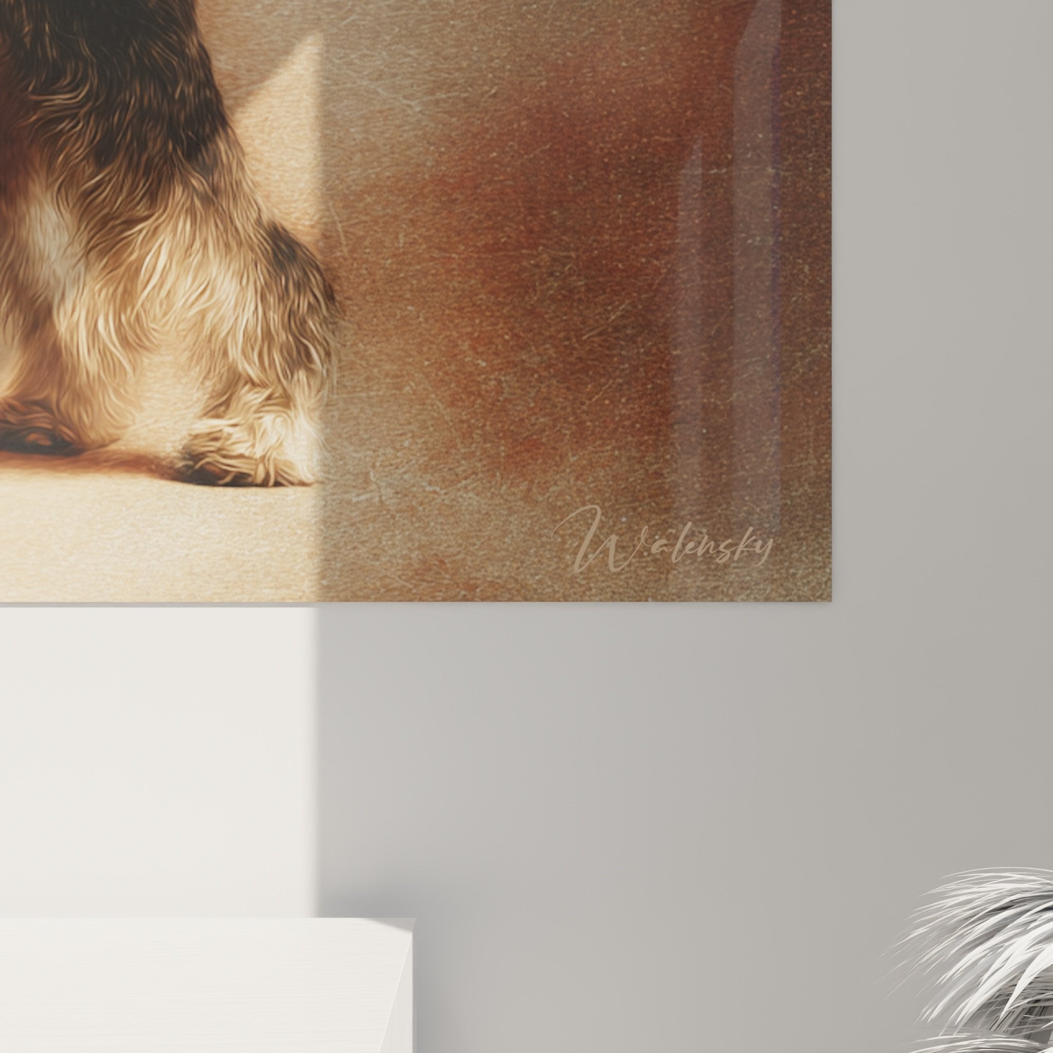 Vue d'ensemble tableau portrait Schnauzer dans intérieur contemporain, décoration murale chien élégante