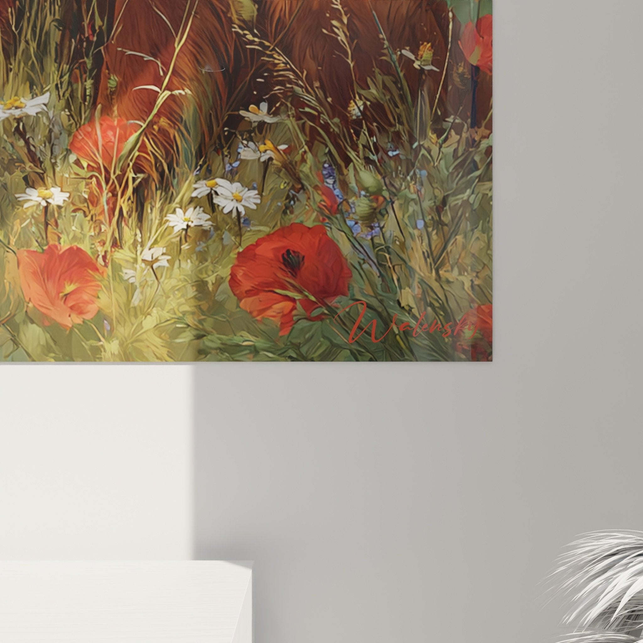 Vue d'ensemble tableau mural Setter Irlandais dans paysage champêtre, ciel bleu nuageux et prairie colorée