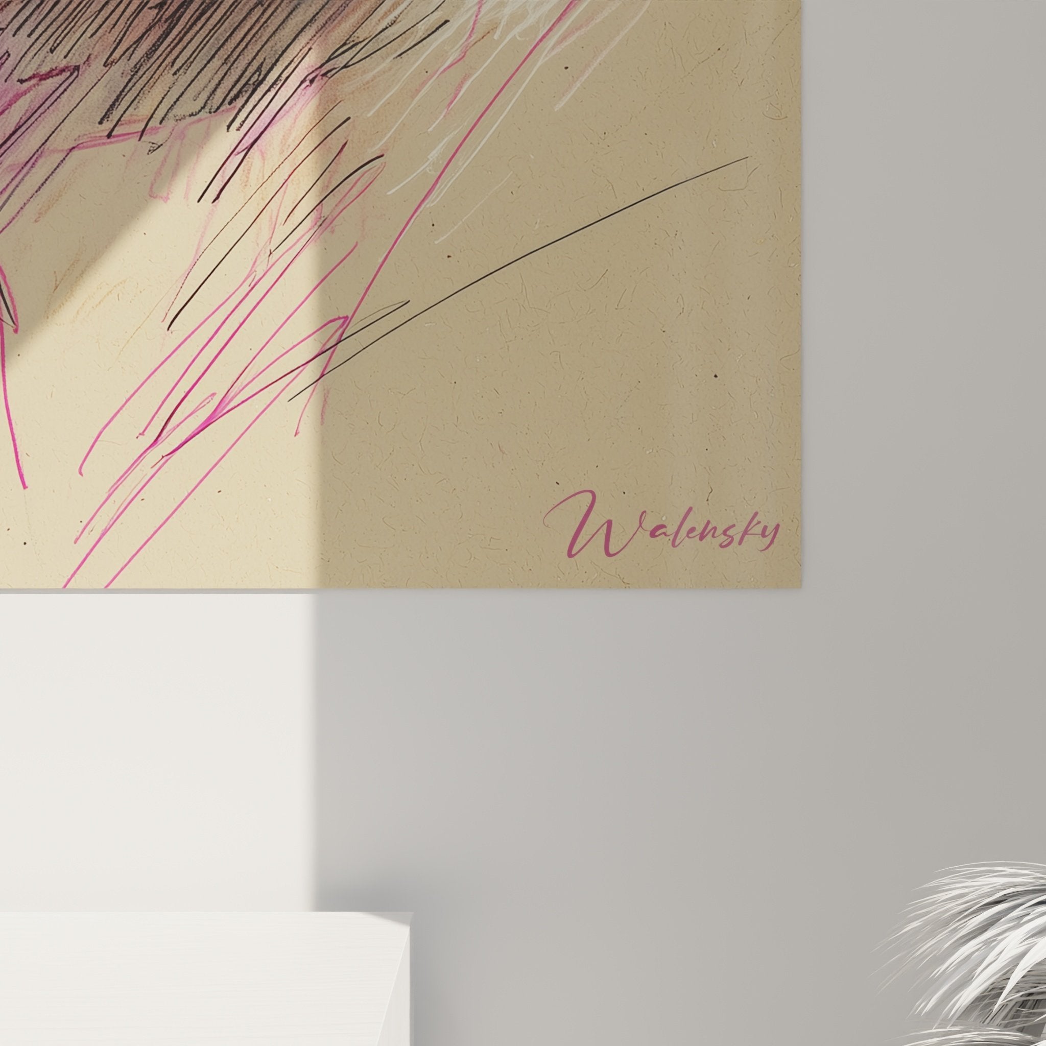 Vue d'ensemble du tableau portrait Shar Pei esquissé dans intérieur contemporain avec décoration minimaliste