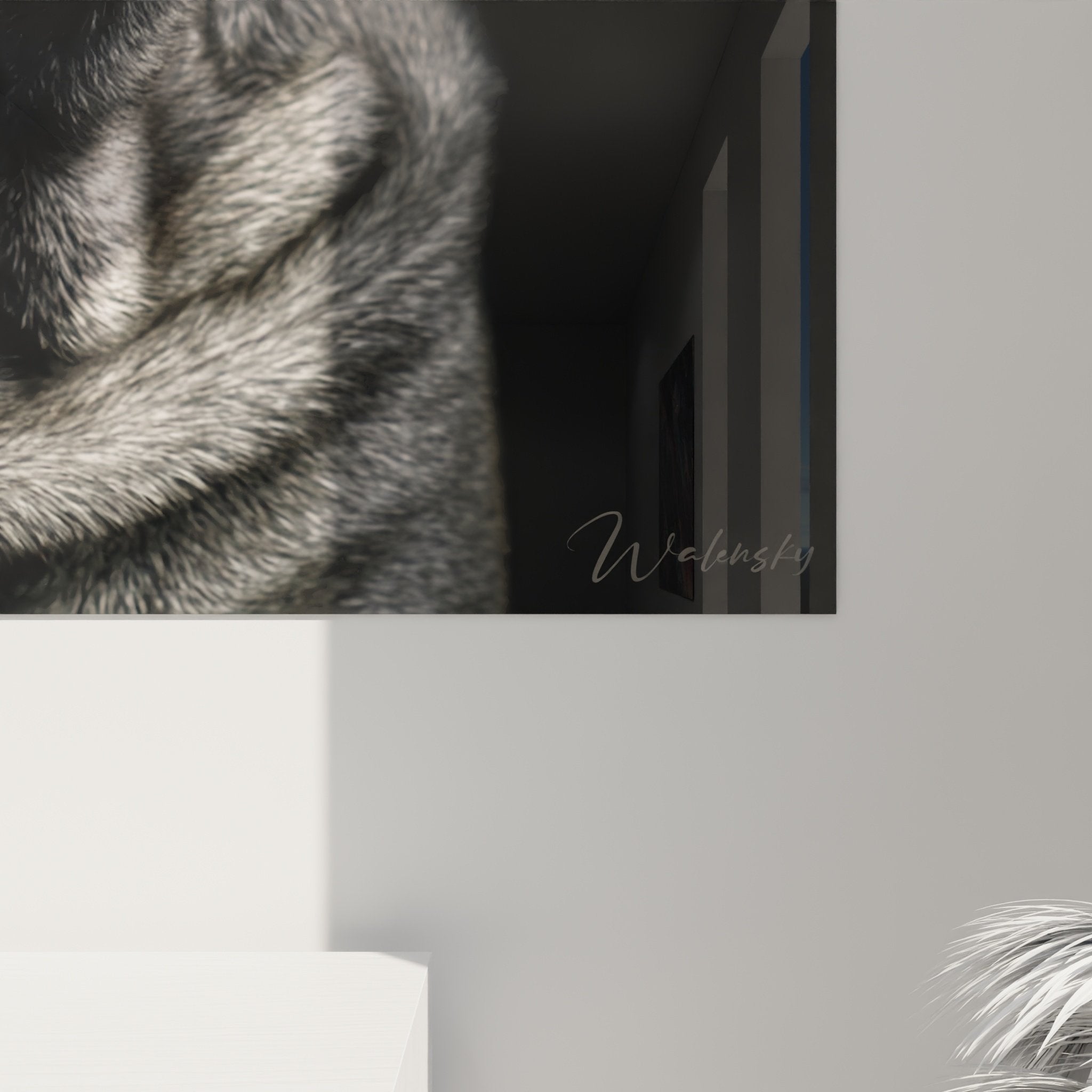 Gesamtansicht des Porträt-Kunstdrucks Nachdenklicher Shar Pei in einem zeitgenössischen Interieur mit neutralen Tönen