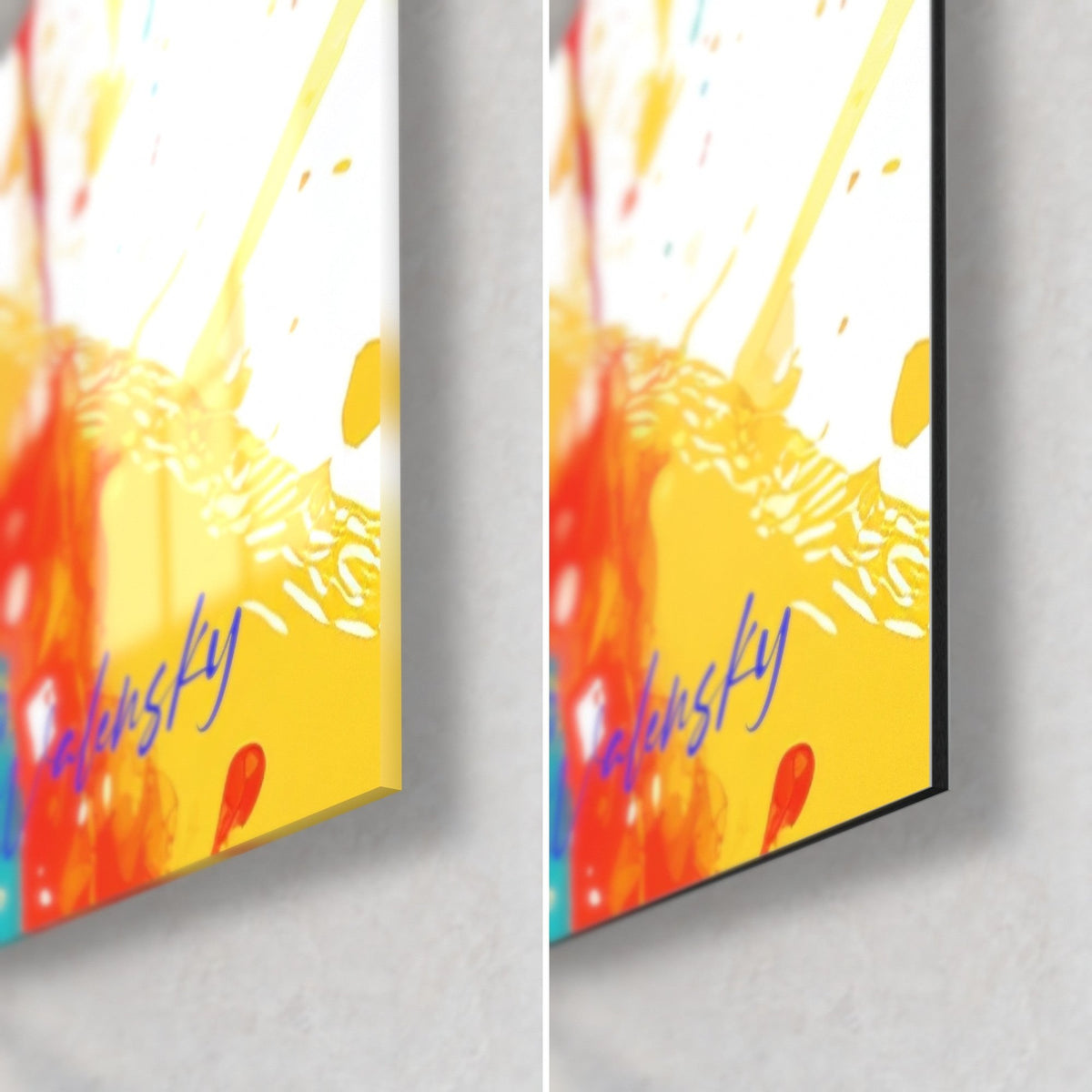 Wall art Shar Pei in blue, yellow-orange bottom right corner: glossy acrylic glass on the left, matte black Dibond on the right, 3 mm edge