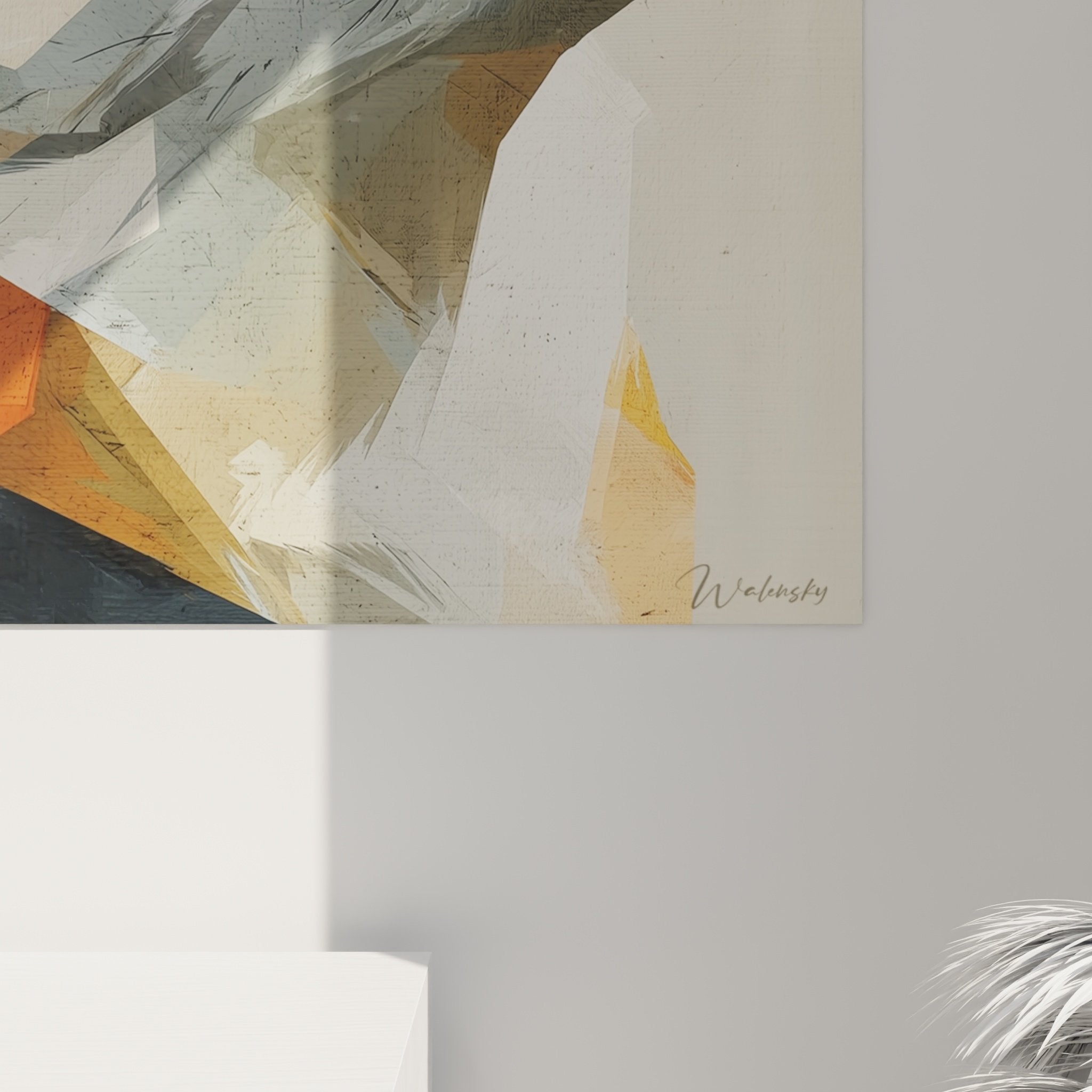 Vue d'ensemble tableau Shiba Inu contemporain orange et blanc style géométrique décoration murale moderne