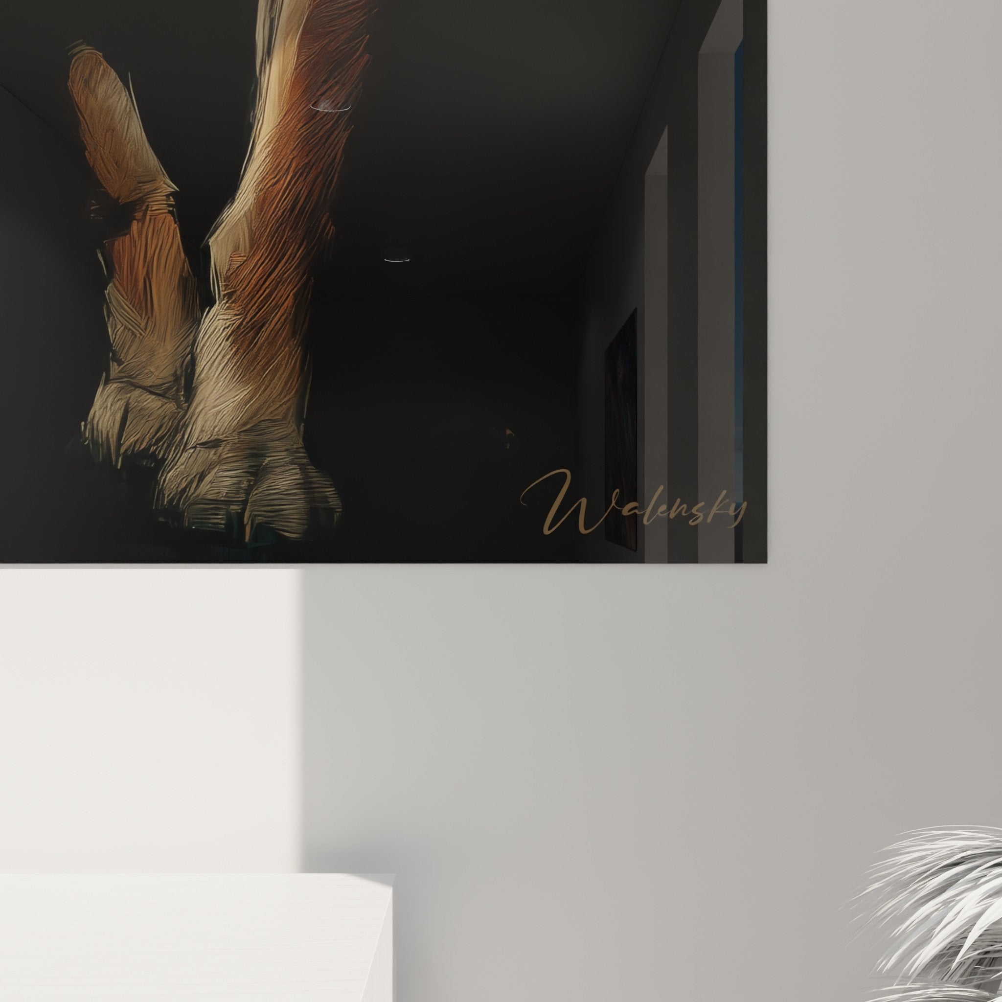 Vue d'ensemble tableau mural Shiba Inu costume sombre, décoration intérieure chien roux élégant