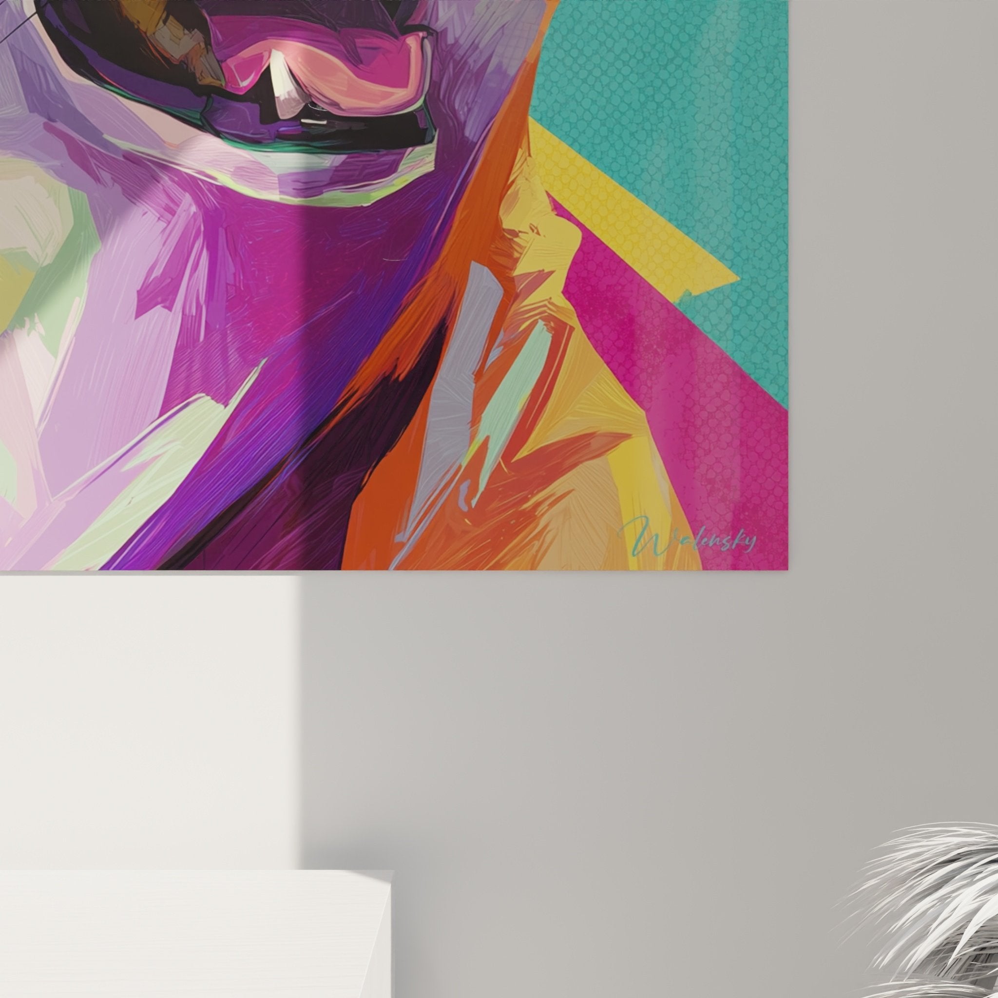 Overview of the colorful Shiba Inu artwork in a modern interior showing the decorative impact of the piece