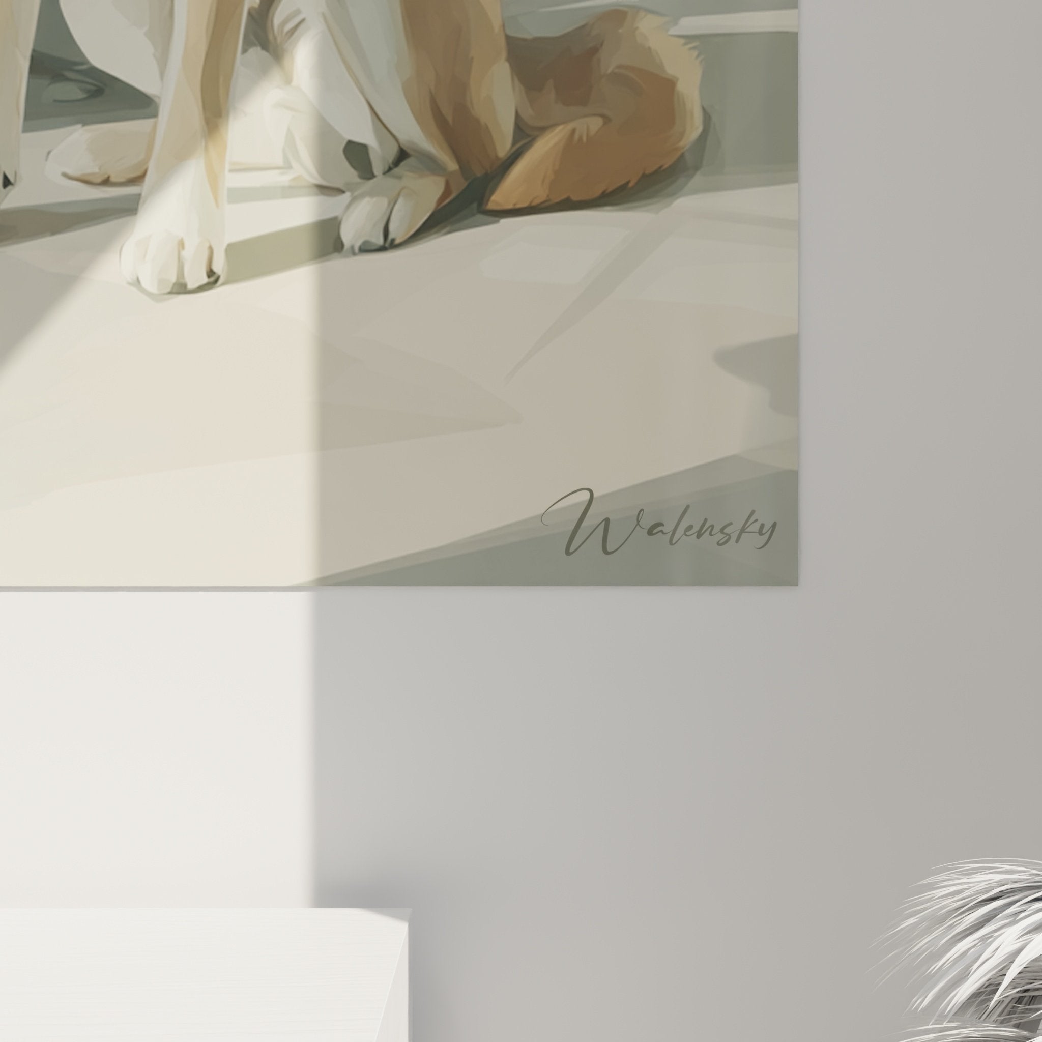 Vue ensemble tableau mural Shiba Inu intérieur moderne palette verts céladon décoration