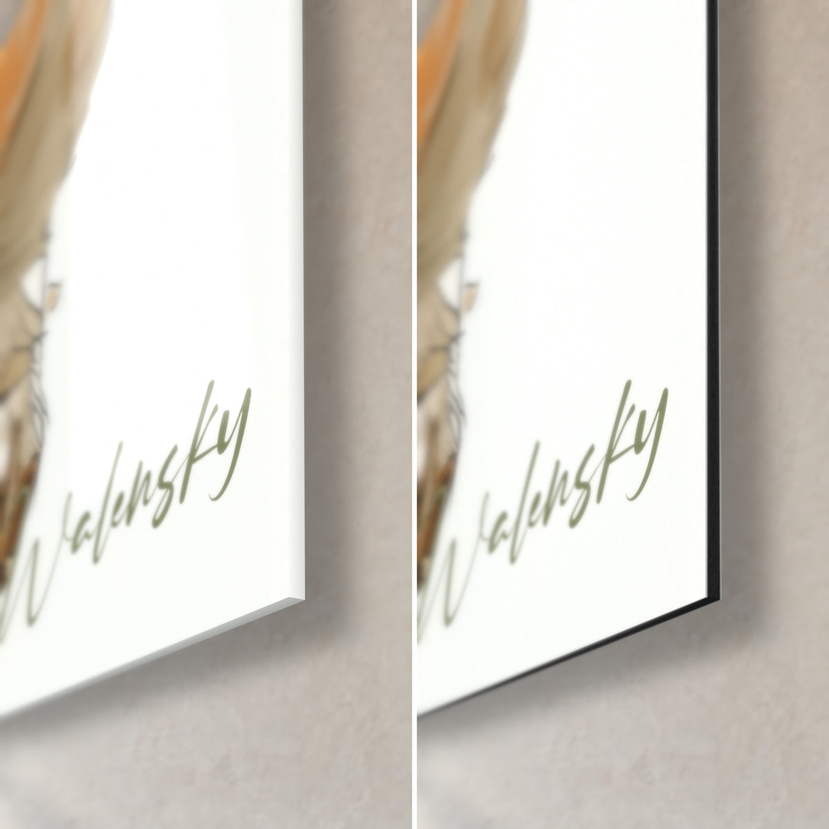 Wall art smiling orange puppy, bottom right corner: green Walensky signature on glossy glass and on matte grey Dibond aluminium