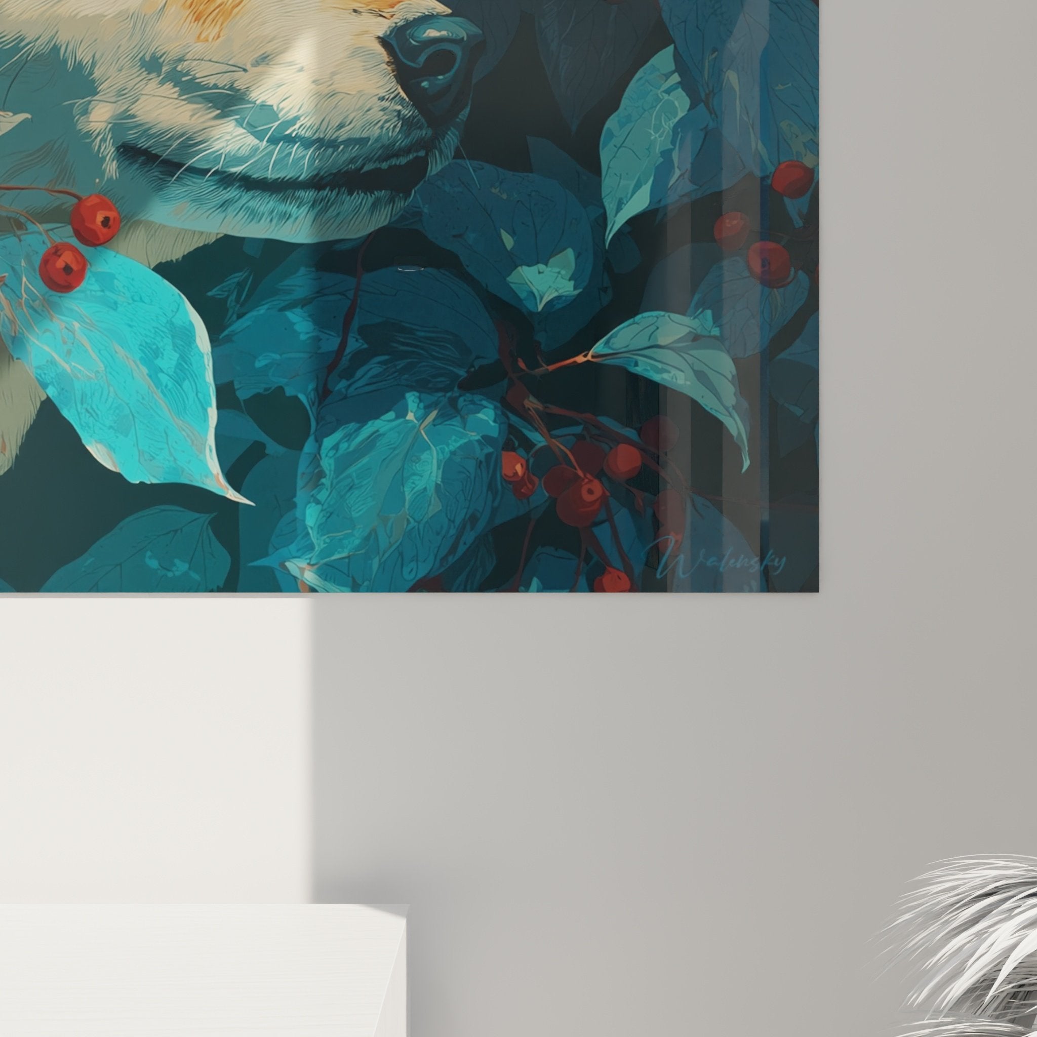 Overview of Shiba Inu wall art botanical sanctuary, blue-orange palette, modern wall decor