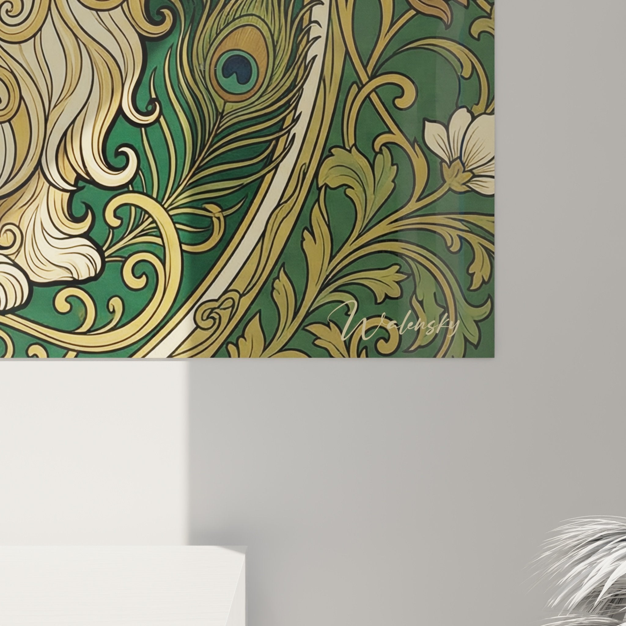 Vue d'ensemble tableau mural Shih Tzu décoratif, art ornemental aux tons vert et or