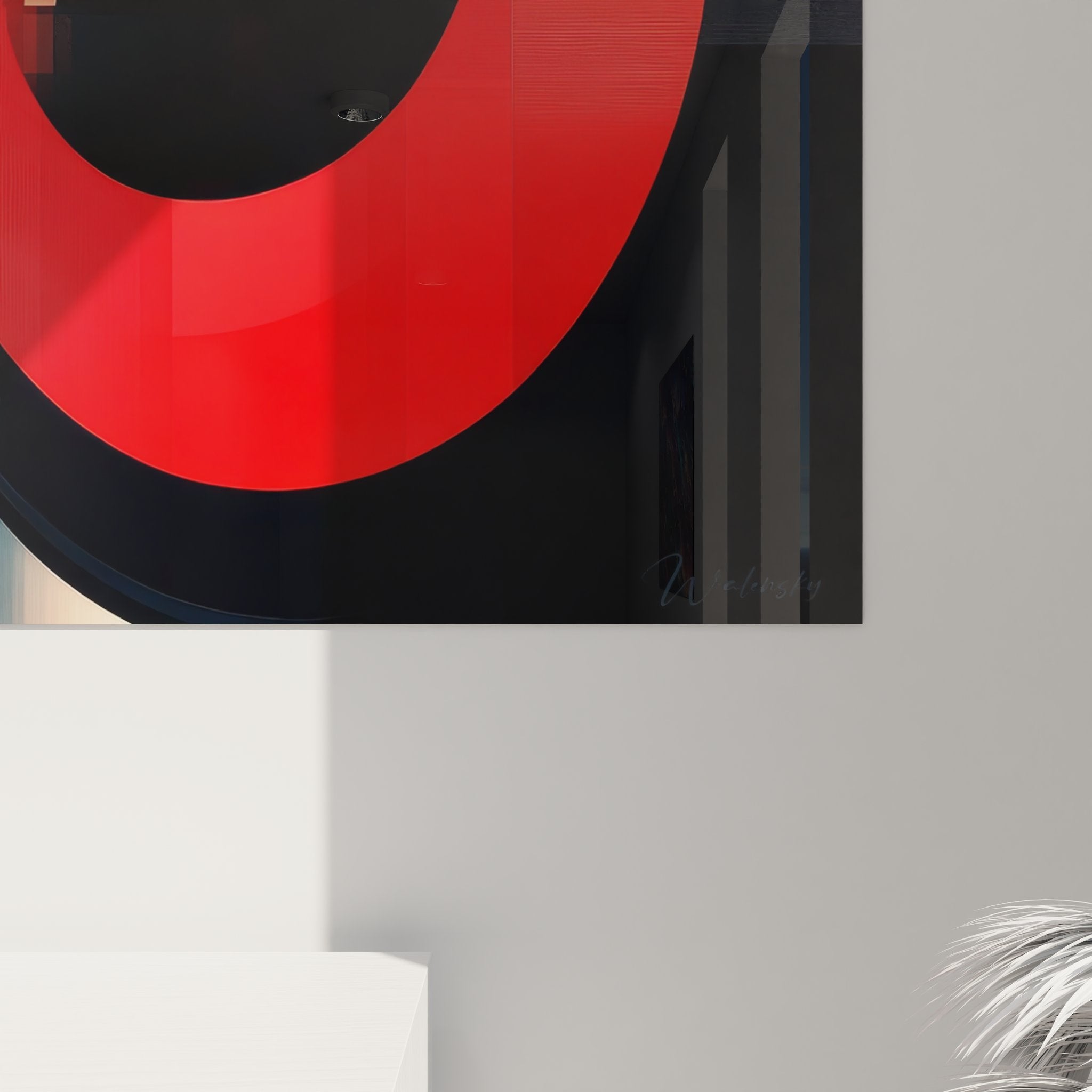 Vue ensemble tableau mural spirale abstrait rouge noir décoration murale design contemporain