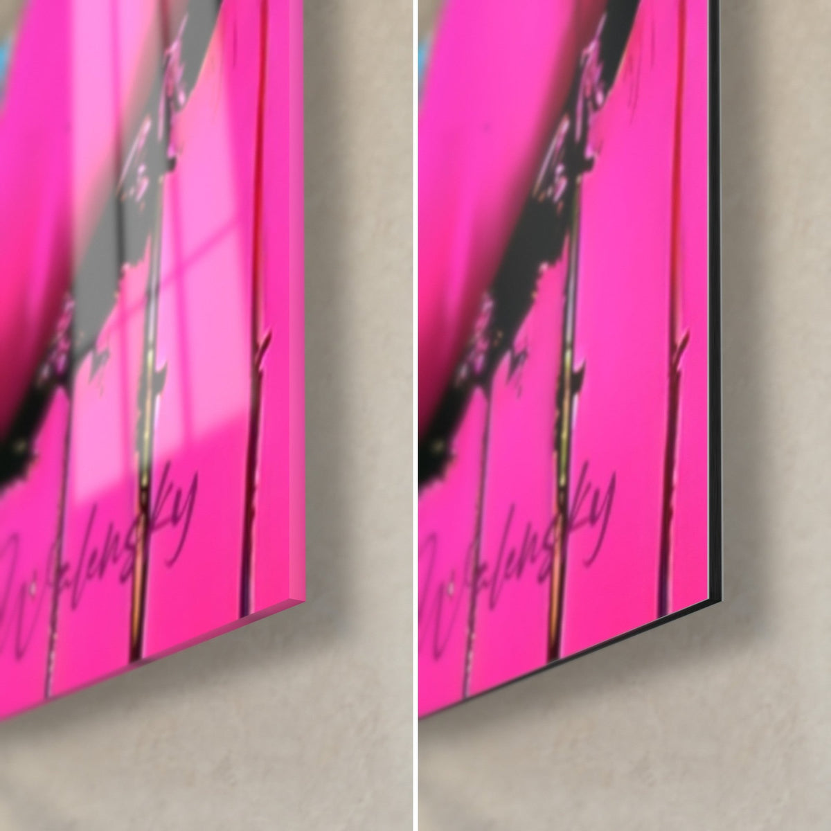 Gemälde abstrakte Windung in kräftigem Rosa, untere rechte Ecke: glänzendes Acrylglas links, mattes Dibond-Alu rechts, schwarze Kante von 3 mm