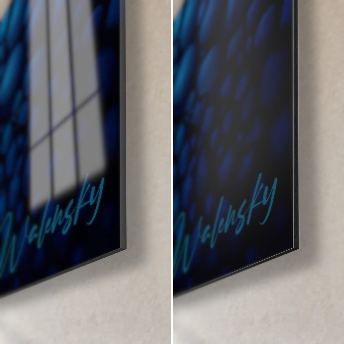 Tableau spirale en pointillés bleu nuit et turquoise, coin bas droit : verre brillant reflétant la fenêtre, Dibond mat