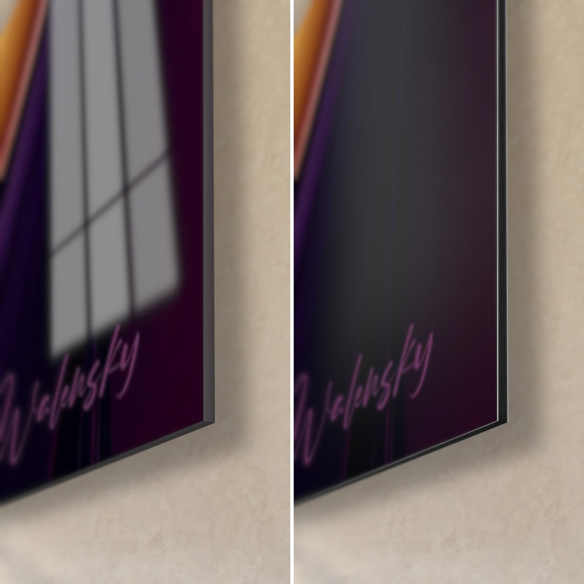 Wall art with amber and purple vortex, bottom right corner: glossy acrylic glass reflecting the window, matte Dibond, 3 mm edge