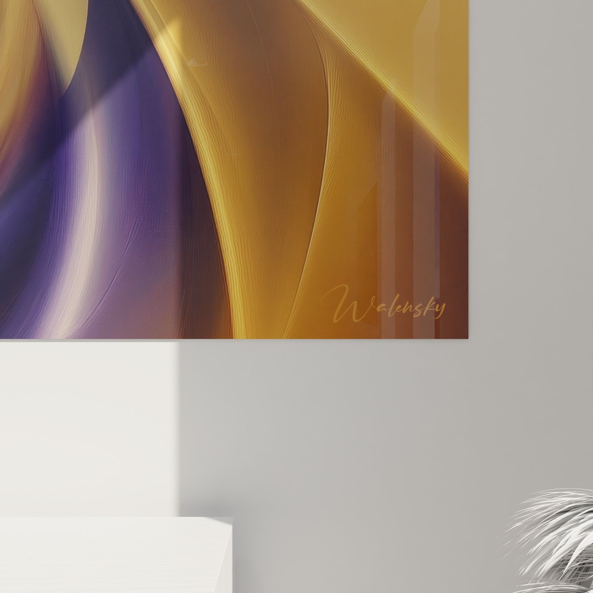 Vue ensemble tableau spirale abstraite dorée, art mural moderne décoration contemporaine