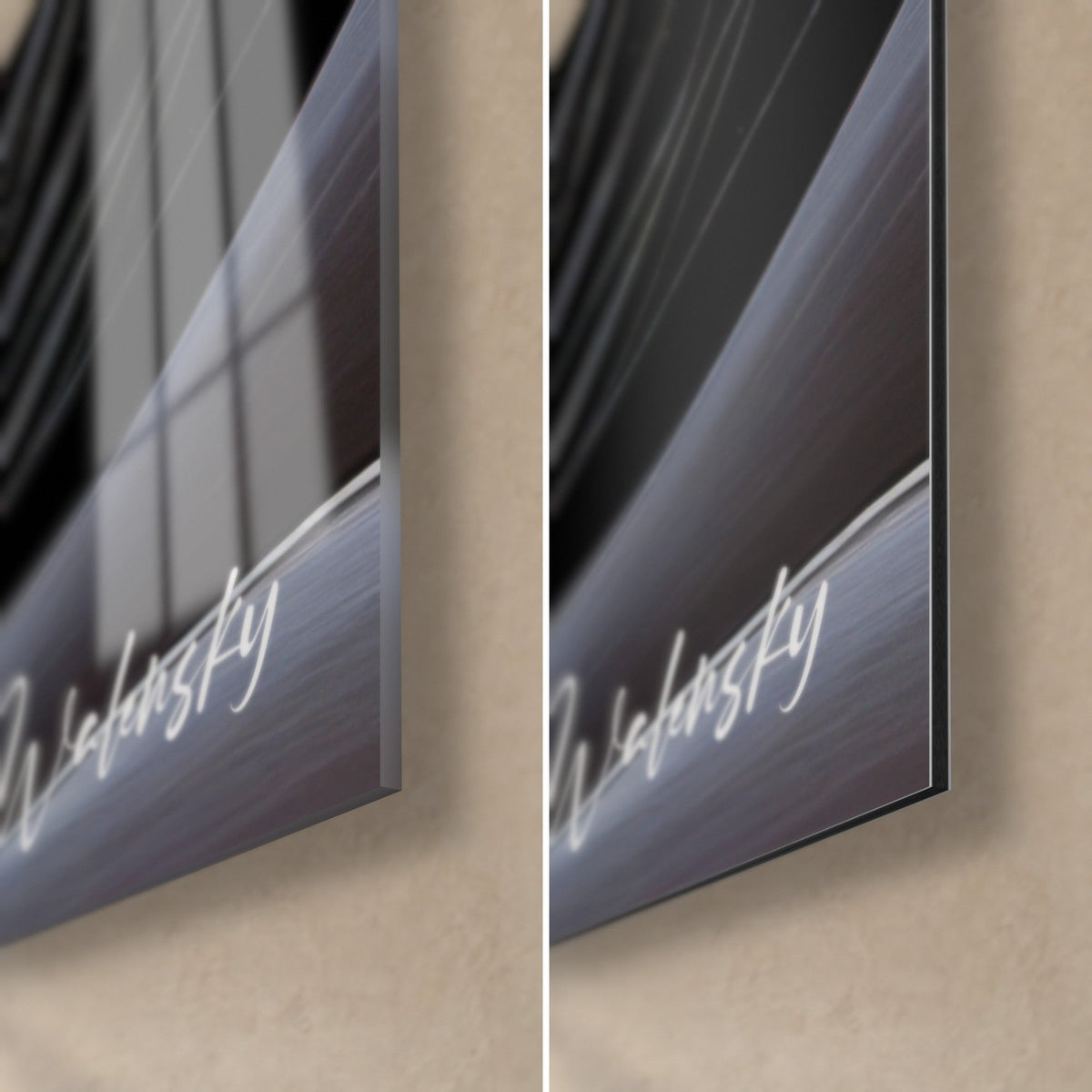 Wall art with an abstract spiral, lower right corner: glossy acrylic glass on the left, matte grey Dibond on the right, thin edge