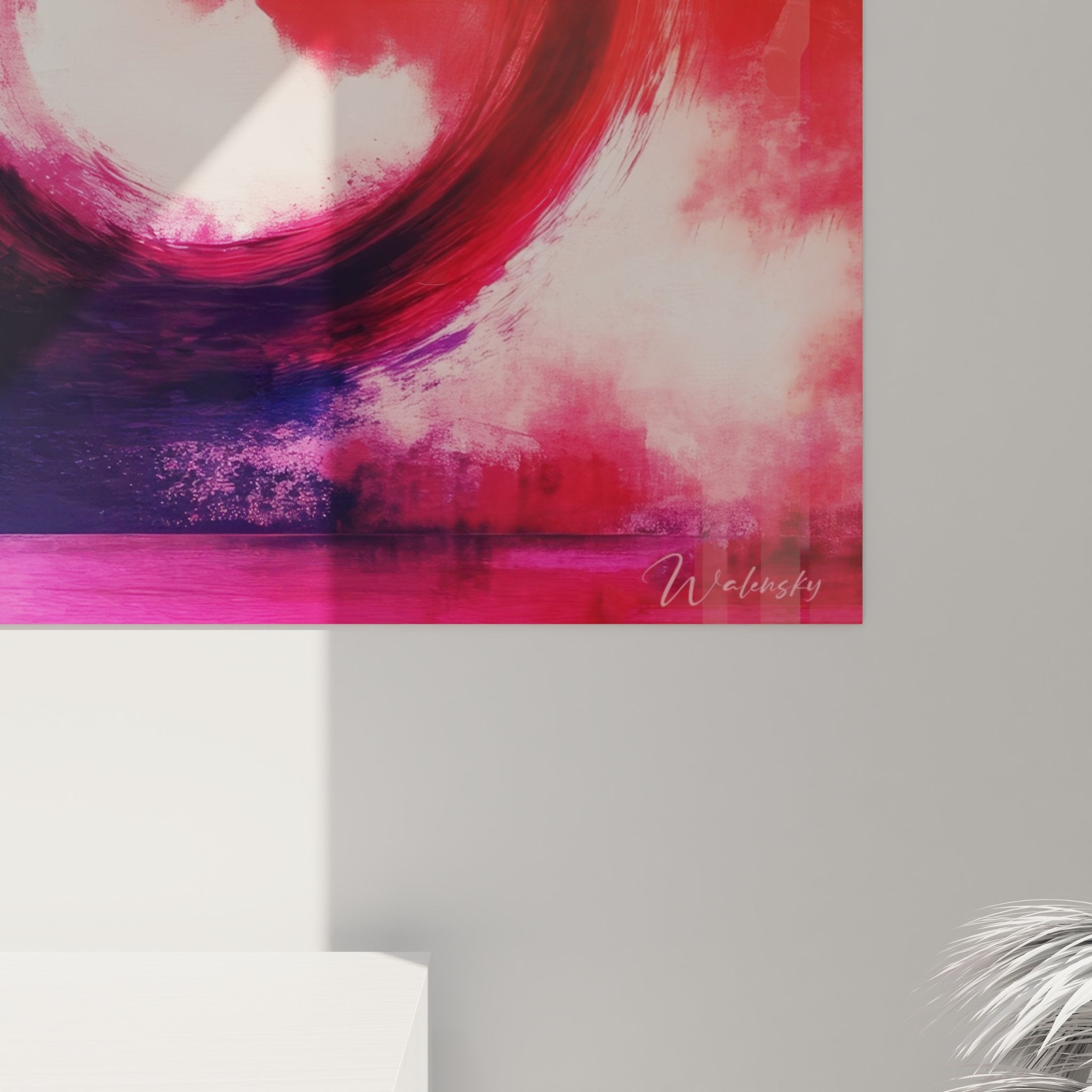 Vue ensemble tableau spirale abstrait rouge violet, art mural tourbillon décoration moderne
