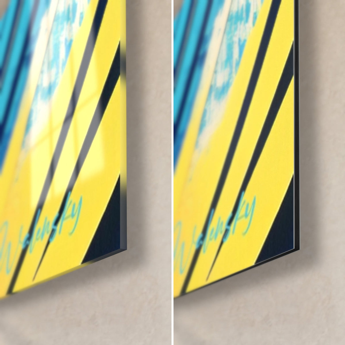 Schilderij vortex geschilderd in citroengeel en nachtblauw, rechtsonder: glanzend acrylglas links, mat Dibond rechts