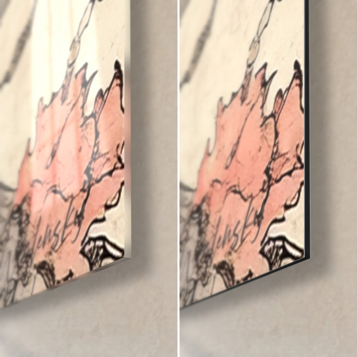 Wall art of a spiral staircase shell, coral petals with black outlines, glossy glass and matte Dibond in the lower right corner