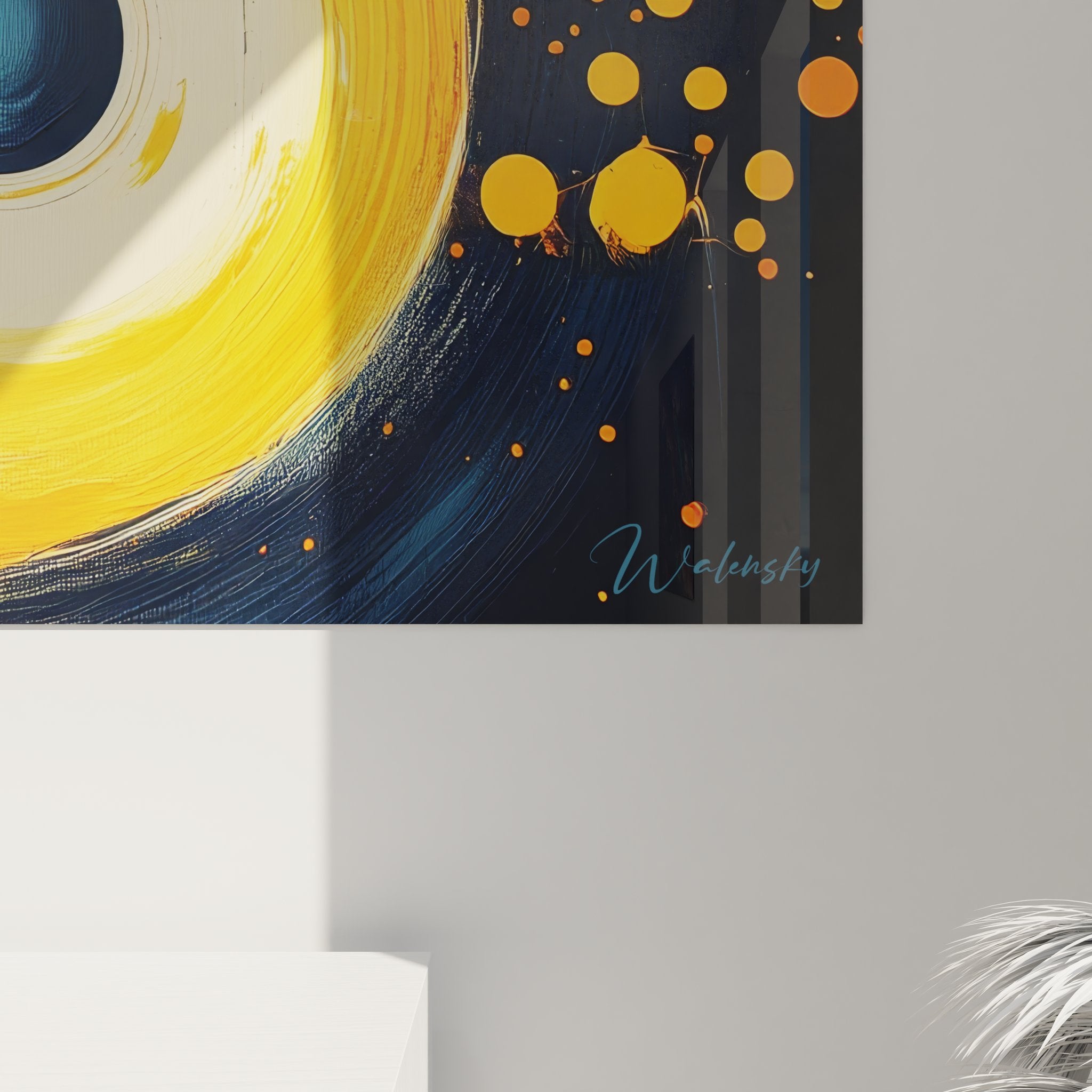 Vue ensemble tableau spirale abstraite cosmique avec vortex doré et composition moderne