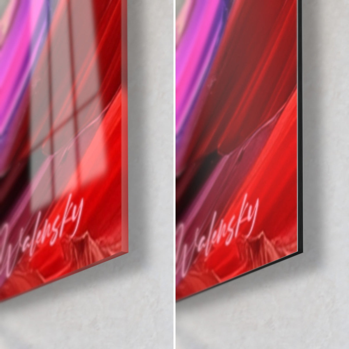 Wall art cosmic spiral, bottom right corner in carmine red and magenta, glossy glass with reflections on the left, matte black Dibond on the right