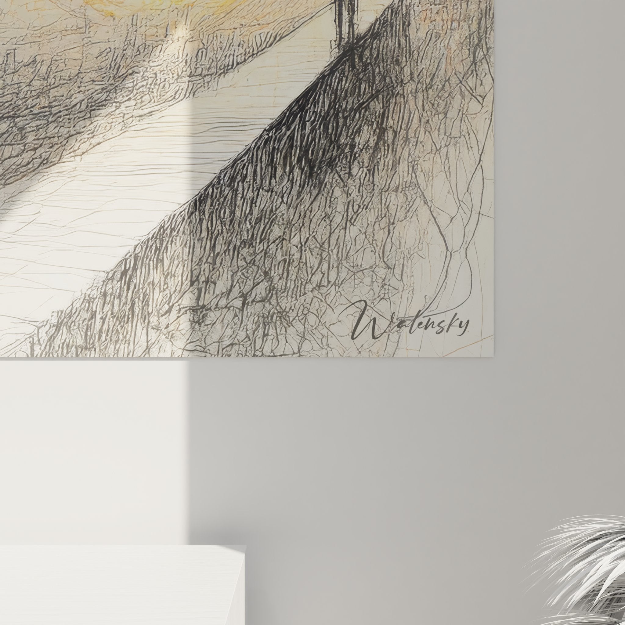 Vue ensemble tableau spirale cosmique mural art abstrait tourbillons contrastés silhouette contemplative