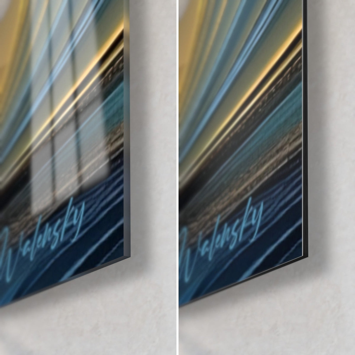 Gemälde Blaue Spirale, untere rechte Ecke: glänzendes Acrylglas links, mattes Alu-Dibond rechts, schwarze Kante von 3 mm