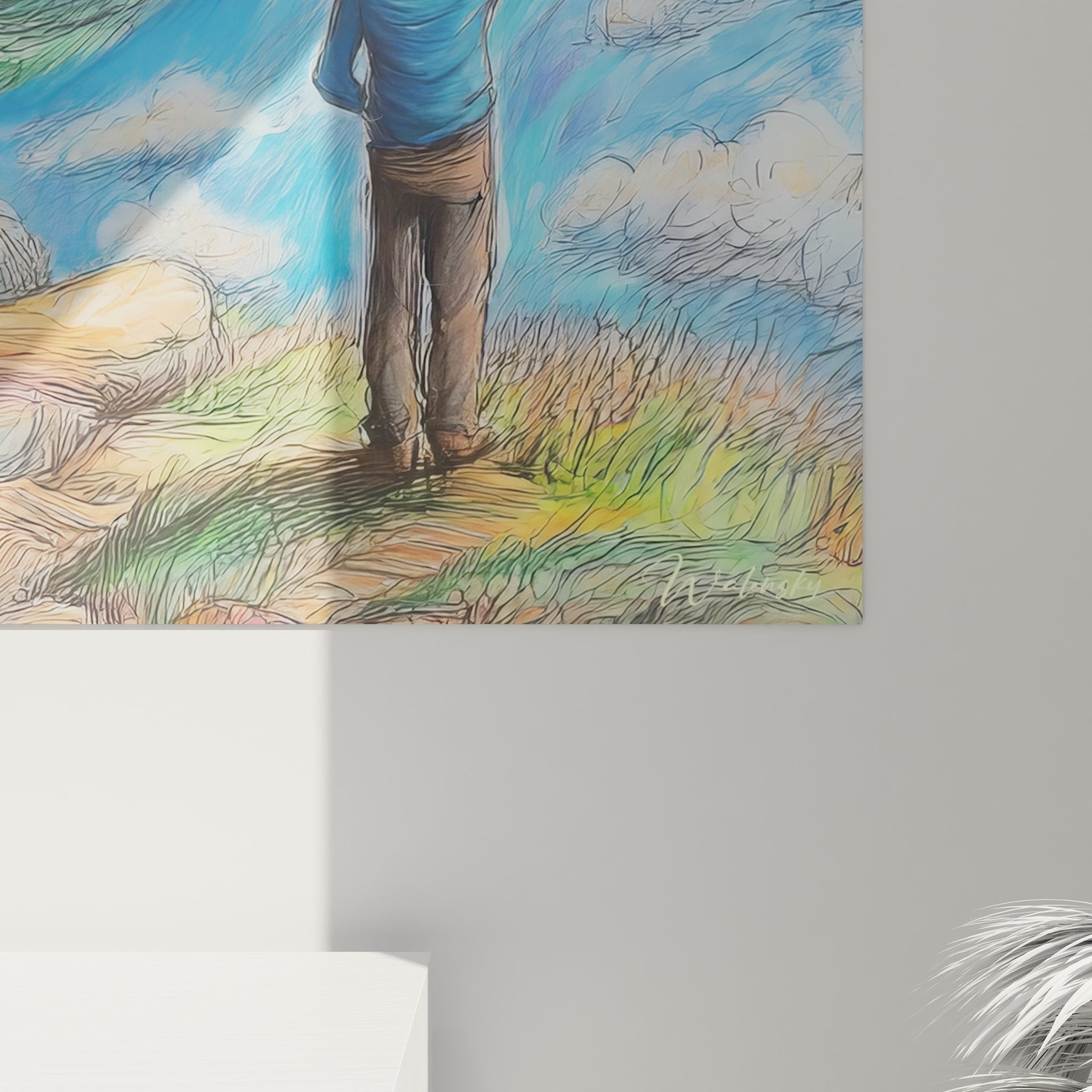 Vue ensemble tableau spirale cosmique enfant contemplation art mural décoratif moderne