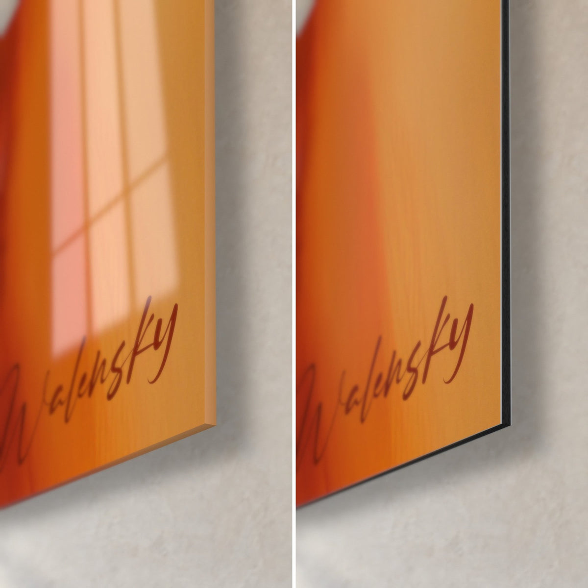 Tableau vortex de feu, coin bas droit : verre acrylique brillant à gauche, Dibond orange mat à droite, tranche de 3 mm et signature