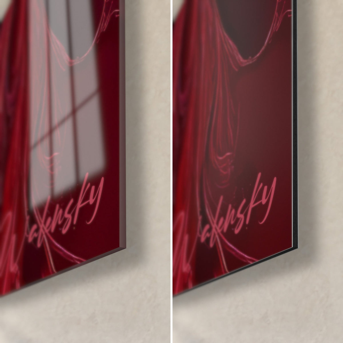 Wall art volute of carmine red and orange paint, bottom right corner: glossy glass on the left, matte Dibond on the right