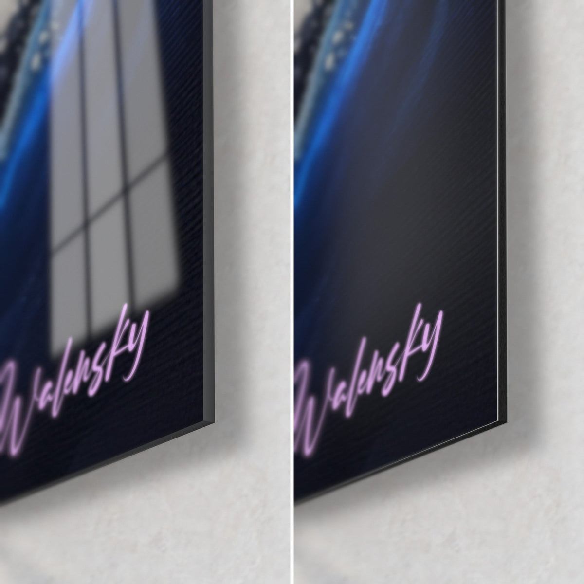 Quadro Spirale astratta blu notte e rosa orchidea, angolo in basso a destra, firma Walensky, vetro lucido e Dibond opaco, spessore 3 mm