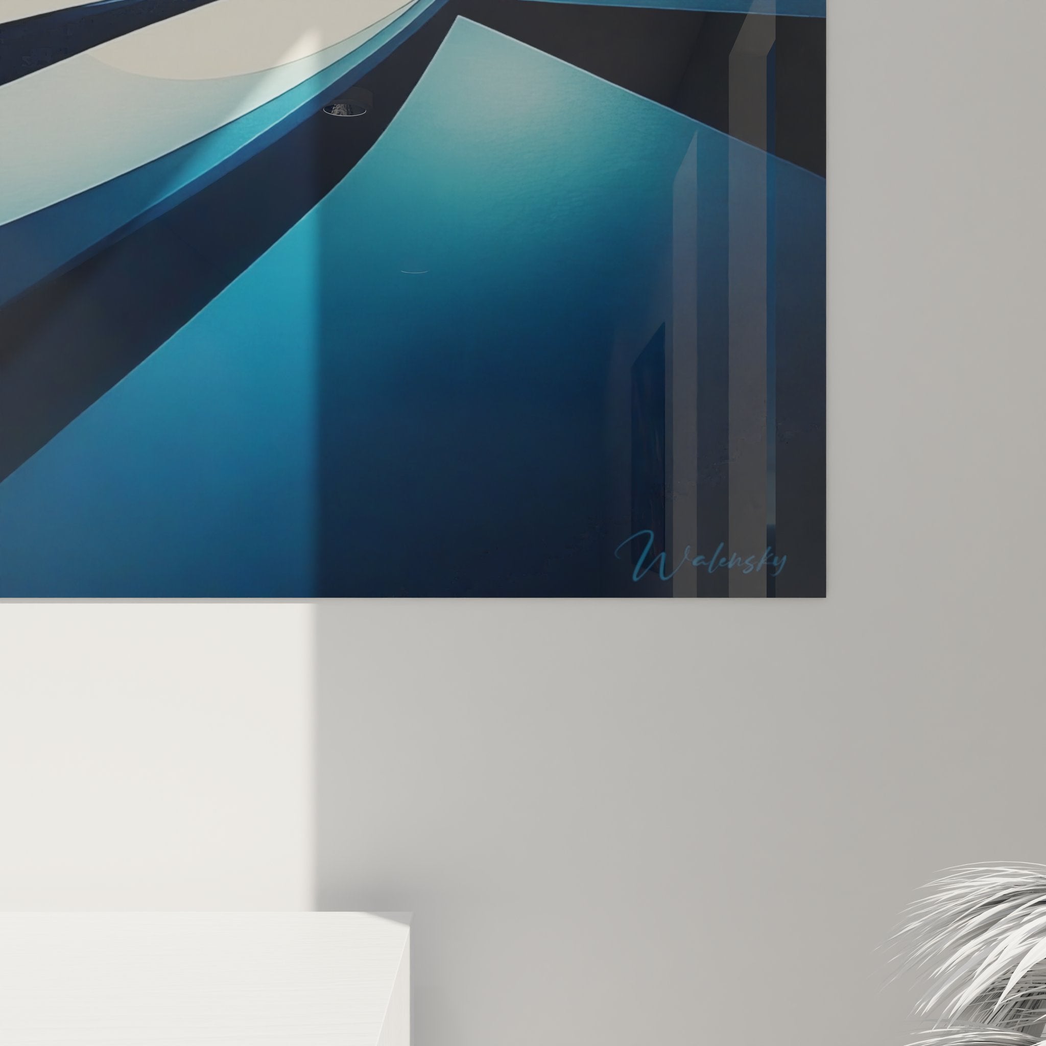 Vue d'ensemble tableau spirale dynamique bleue, art abstrait géométrique pour décoration