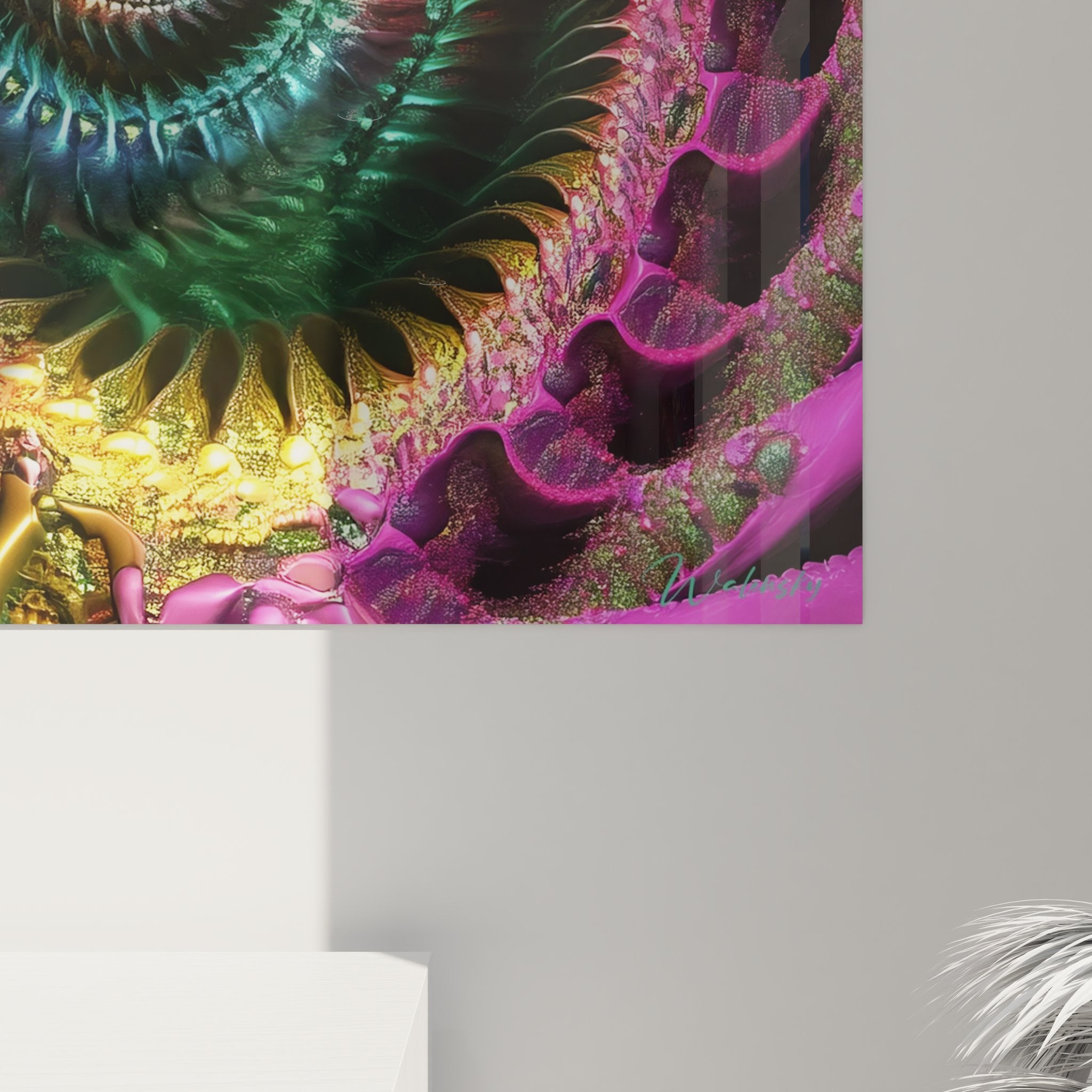 Vue ensemble tableau spirale fractale infinie art mural moderne décoration intérieure colorée