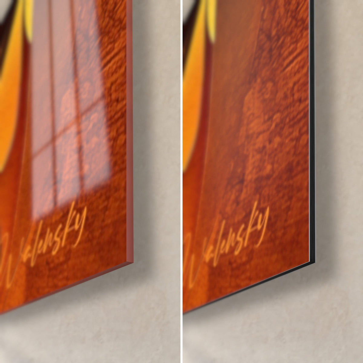 Quadro con una spirale di petali di carta, angolo in basso a destra arancio e ruggine, vetro lucido a sinistra, Dibond opaco a destra