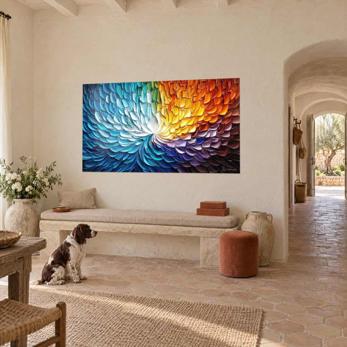 Wall art with a vortex of cobalt blue and amethyst purple, dominates the room seen three-quarter view with a spaniel