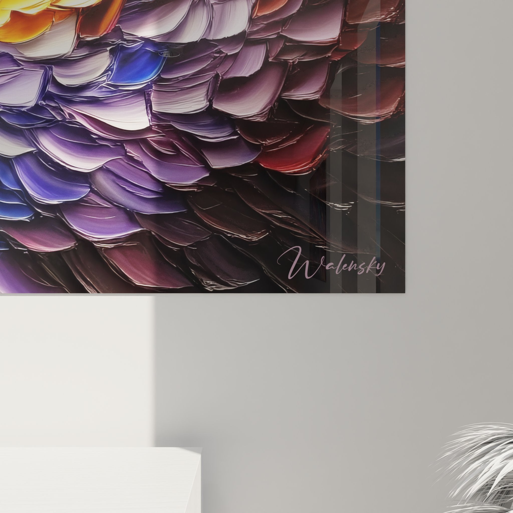 Vue ensemble tableau mural plumes spirale colorée art abstrait décoration intérieure