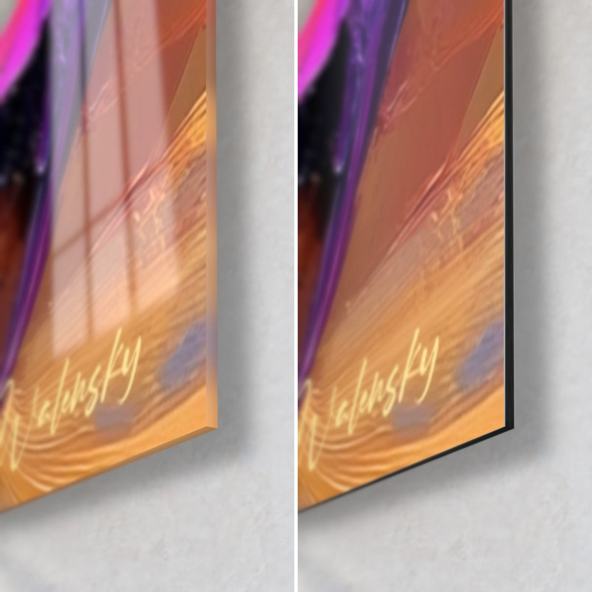 Cuadro espiral abstracta, esquina inferior derecha: cristal acrílico brillante con reflejos, aluminio Dibond mate, canto de 3 mm, naranja y violeta