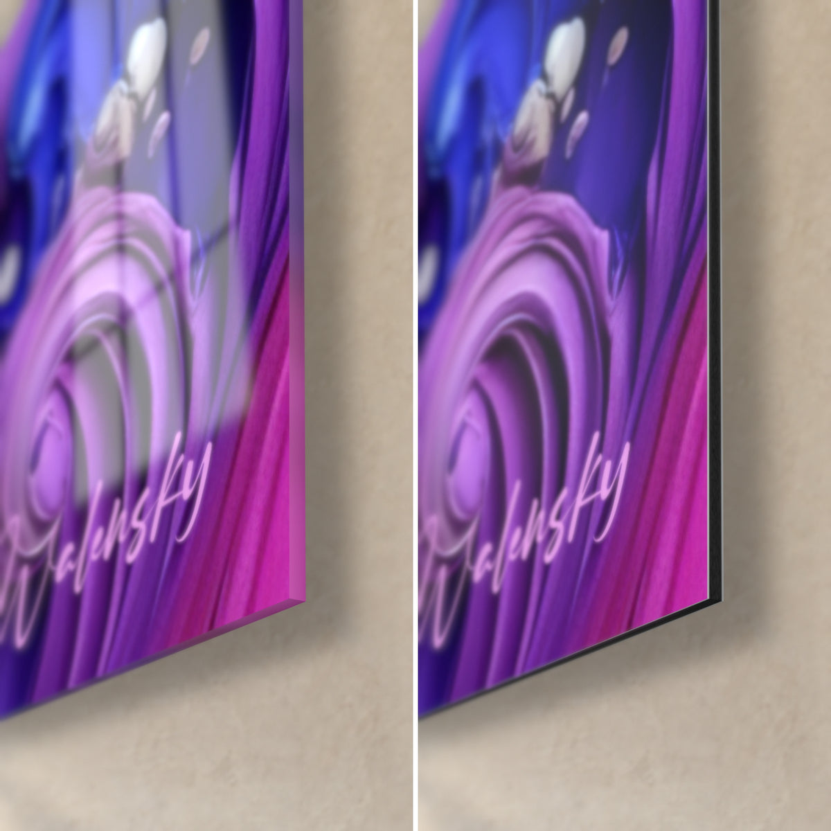 Schilderij veelkleurige draaikolk, paars en gloeiend roze hoek rechtsonder, Walensky-handtekening, reflecterend glas en mat Dibond